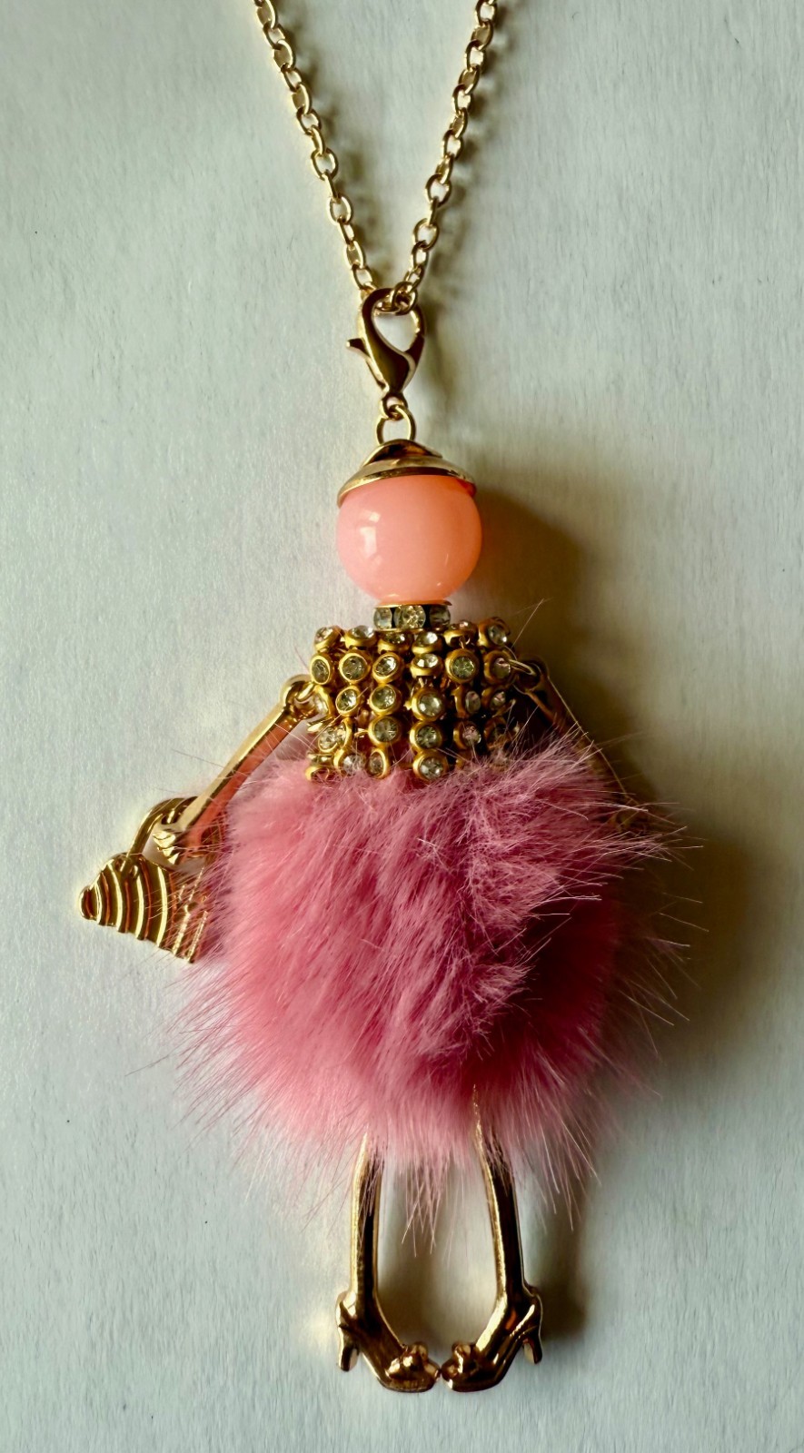 Bead People Necklace DUSTY ROSE PINK FUR Dress w/ Gold Purse Movable Arms & Legs