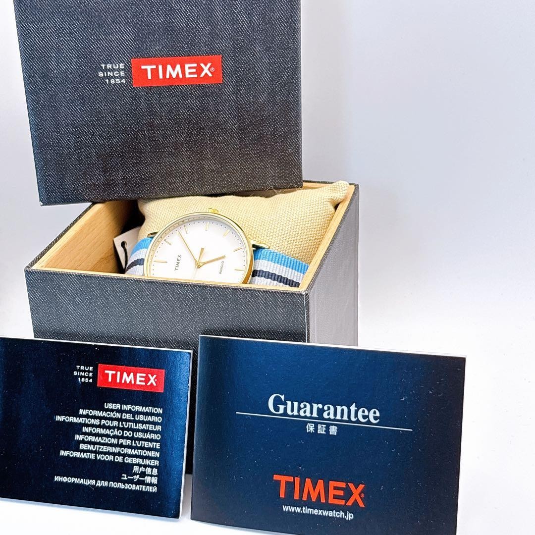 TIMEX TW2P91000 Watch Gold Case Blue Navy White Nylon Strap 43 5mm Analog
