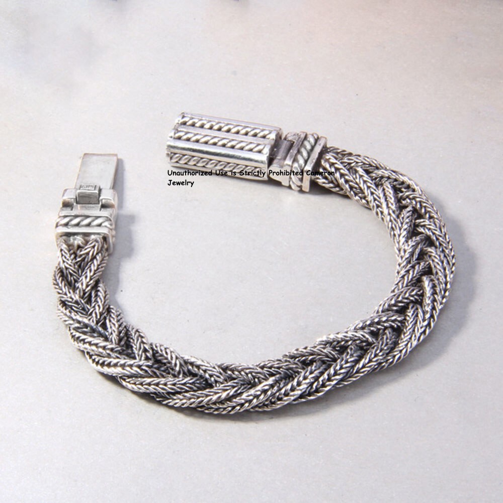 Pure S925 Sterling Silver Chain 10mm Braided Foxtial Link Bracelet 7.1-8.3inch