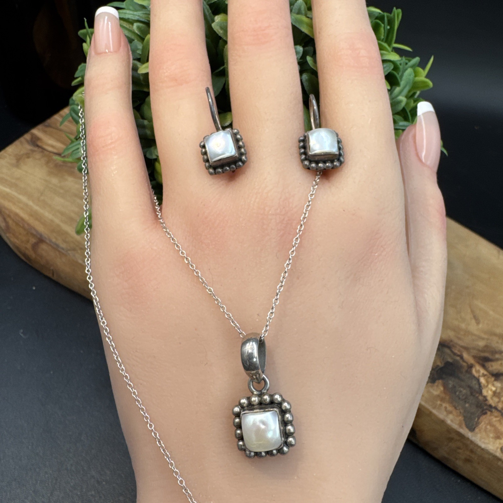 Silpada 925 Sterling Silver Pearl Button Frame Square Earrings Pendant Necklace