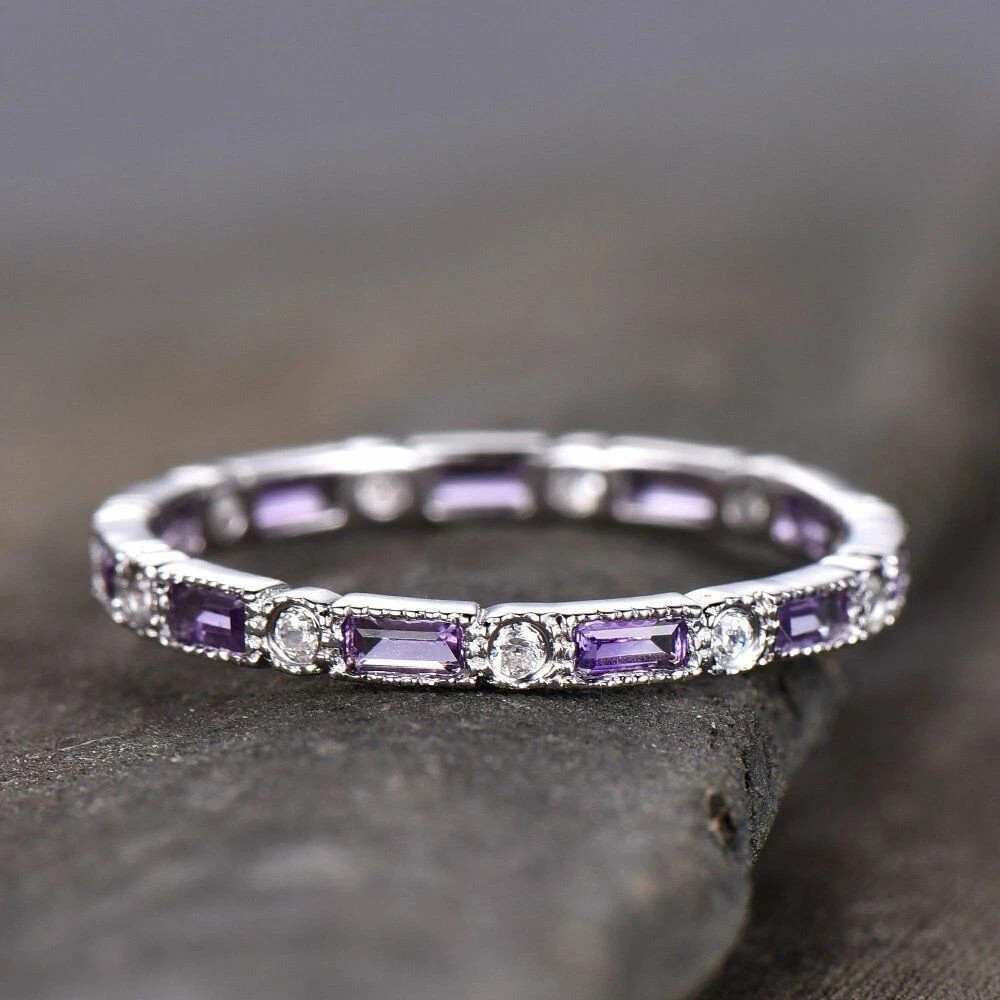 1ct Natural Amethyst & Diamond Eternity Wedding Band Ring 14k SOLID White Gold