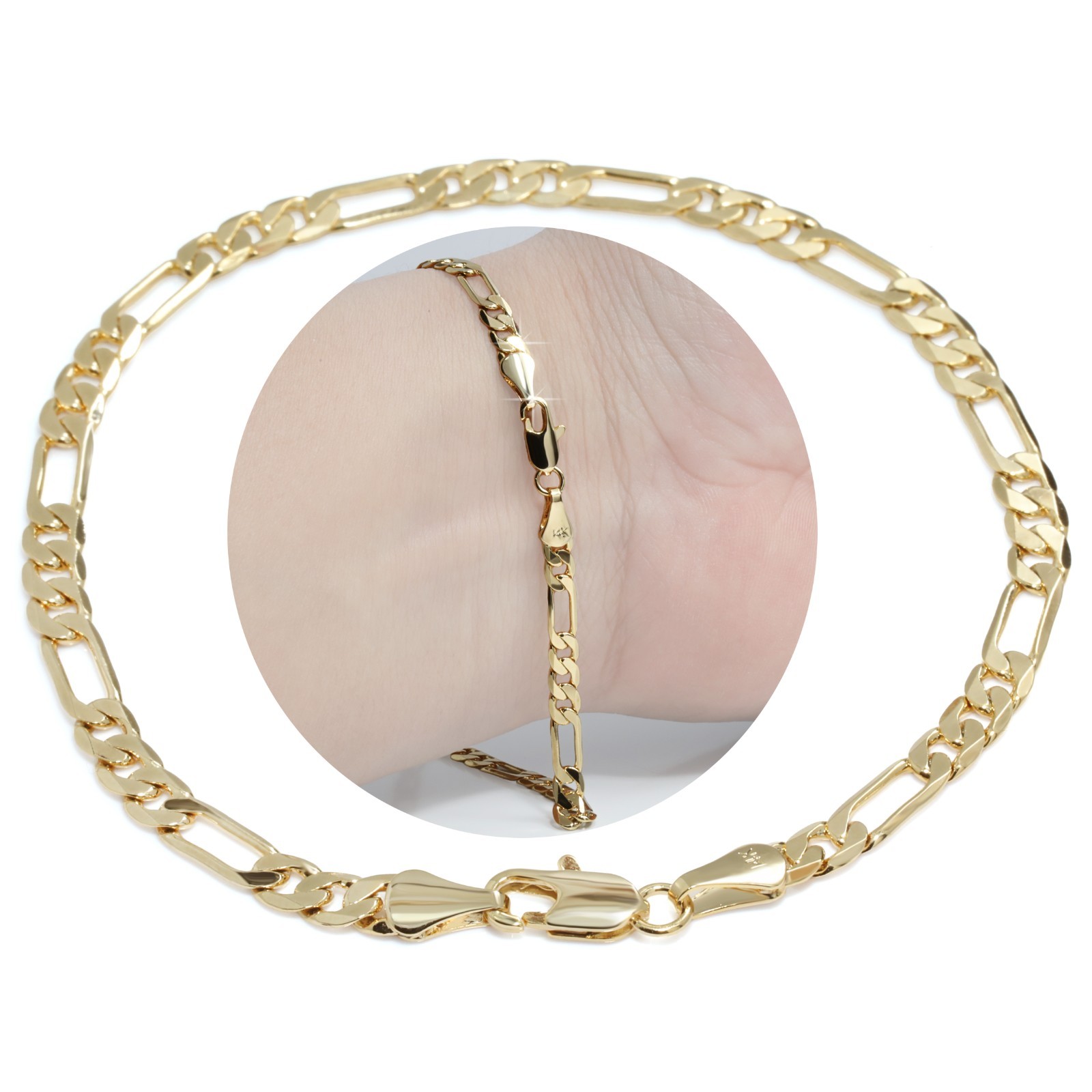 Figaro Bracelet Solid Chain 14K Gold Plated 4mm – 8″Inch Men’s Hip Hop Fashion