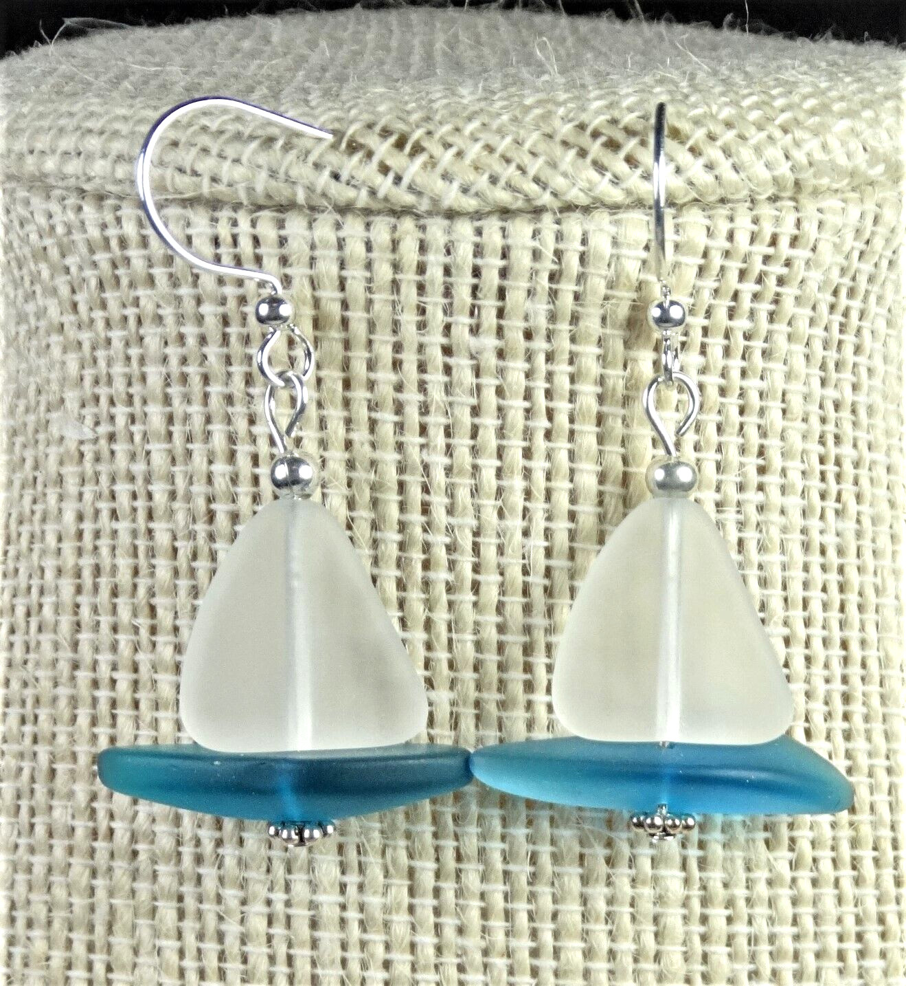 Frosted CRYSTAL SAIL Beach glass nautical jewelry TEAL hull handmade earrings