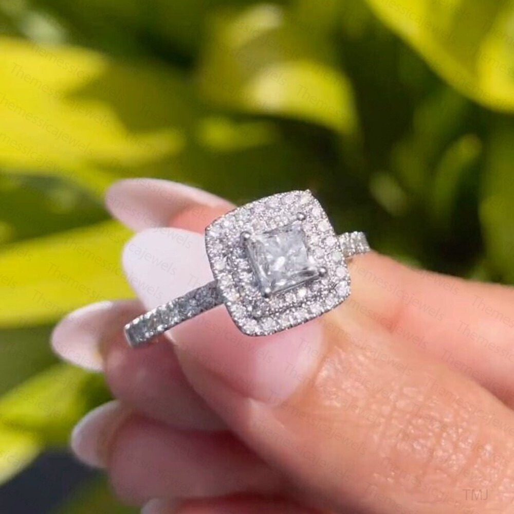 1.45 TCW Princess Moissanite Double Halo Engagement Ring 14K White Gold Plated