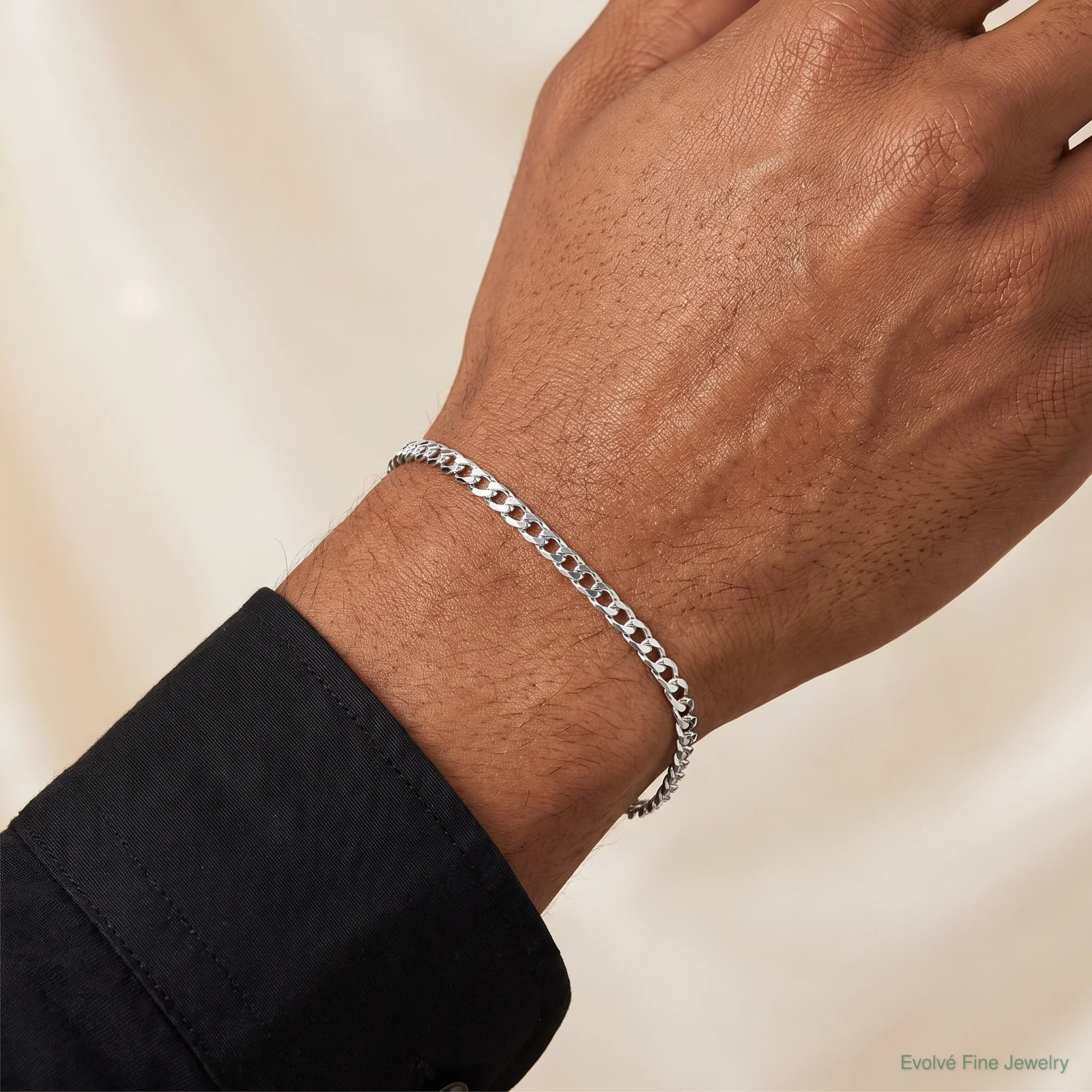 Sterling Silver RH-Plated 3.25mm Diamond-Cut Square Curb Chain Bracelet 7″-9″
