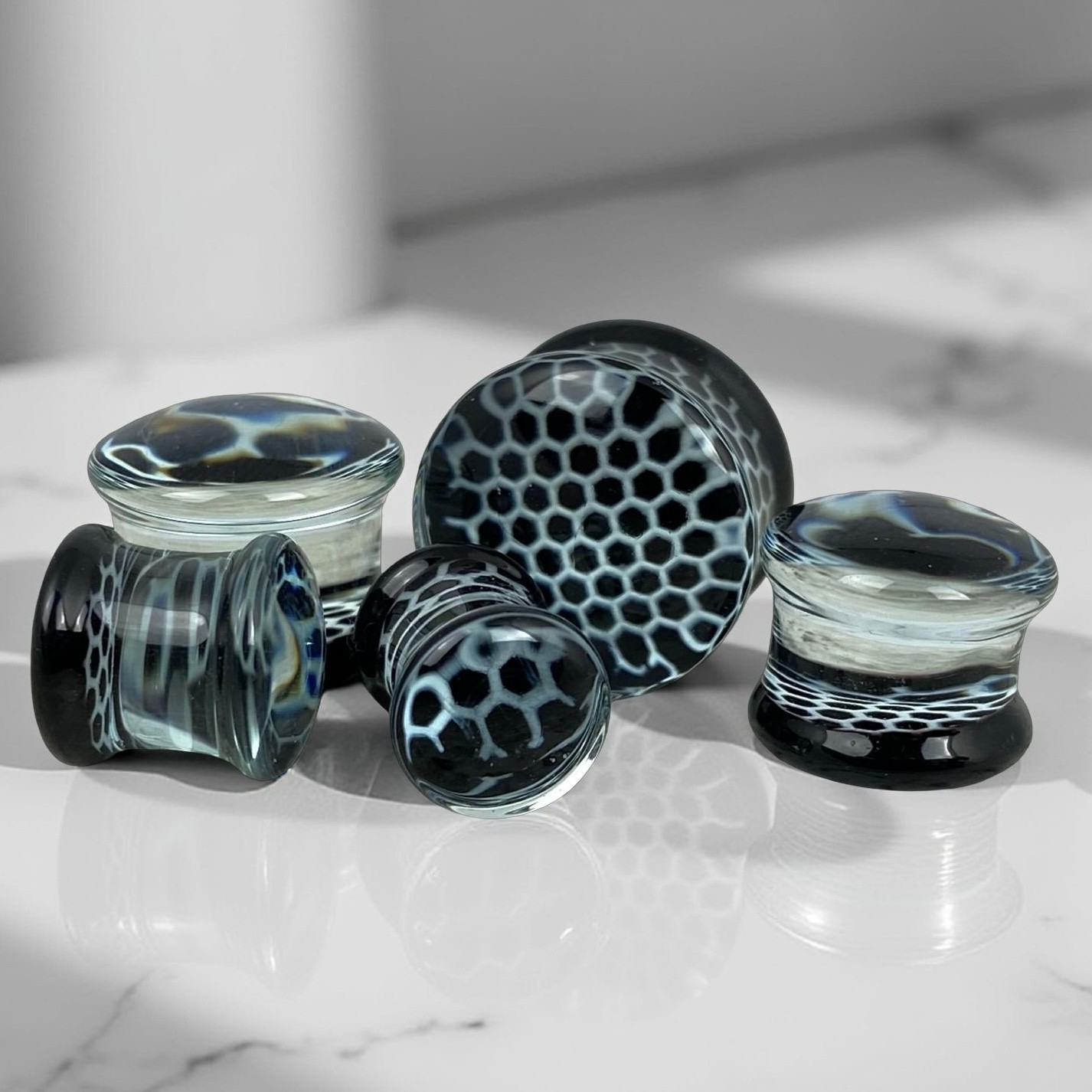 Black Honeycomb Glass Plugs (PG-548) gauges PICK YOUR SIZE