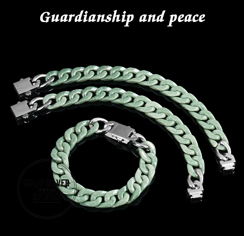 Natural Grade A Jadeite Cuban Link Chain Bracelet&Necklace Hip Hop Jade Jewelry