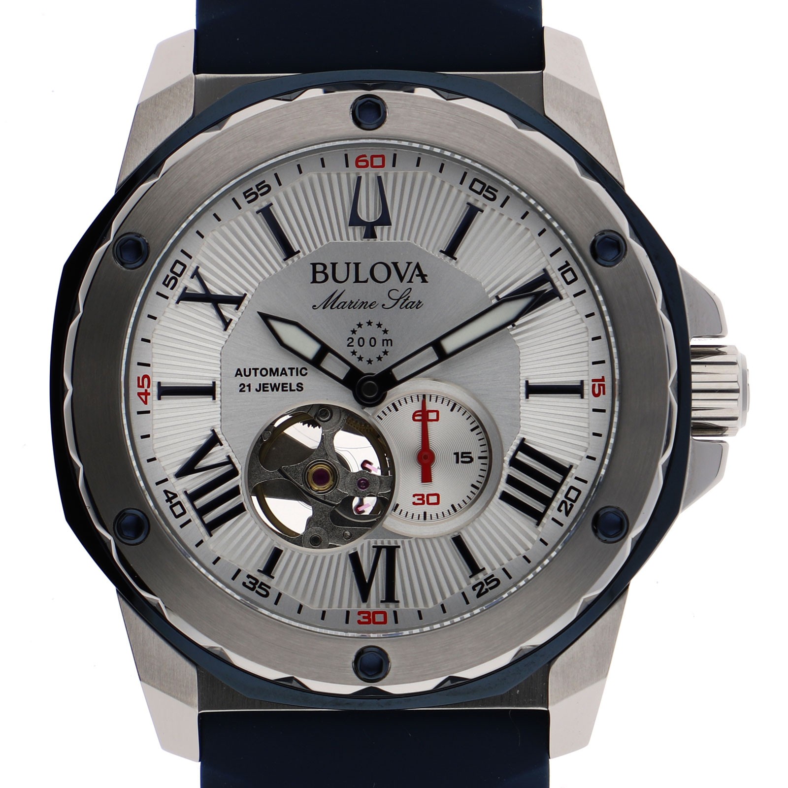 BULOVA 98A225 Round, skeleton back Silver Dial Automatic Stainless Steel Rubber