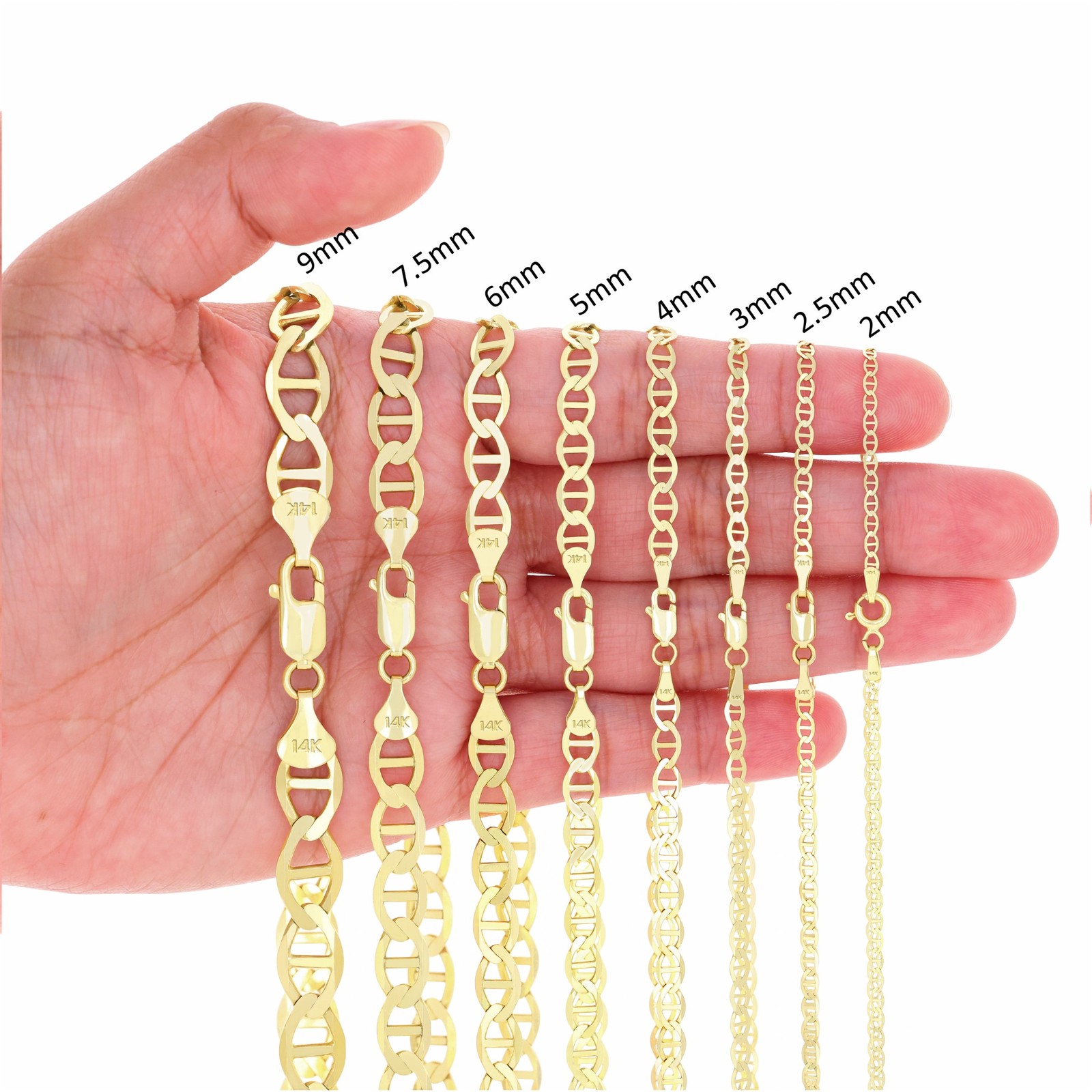 14K Yellow Gold Solid 2mm-7.5mmLink Anchor Chain Necklace 18″- 28″