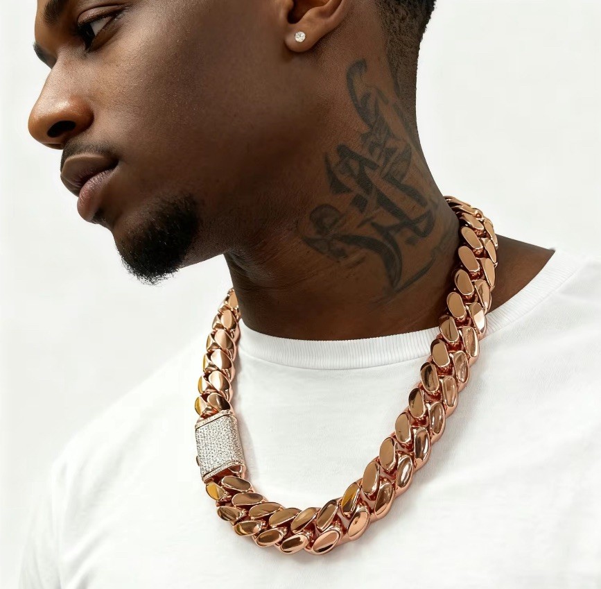 20mm Rose Gold Cuban Link Chain 24in Necklace Miami Hip Hop Jewelry