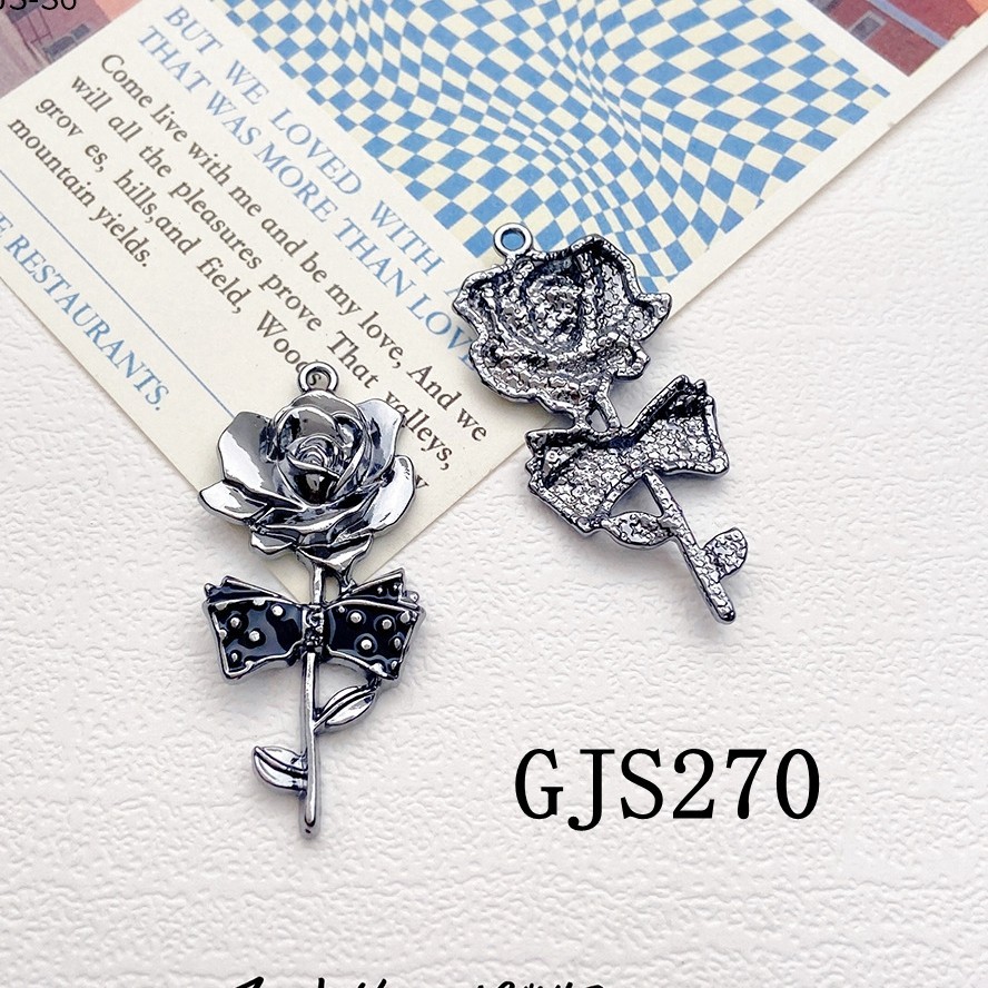 4PCS Silver Tone Alloy Black Enamel Rose Flower Charm Pendant GJS270