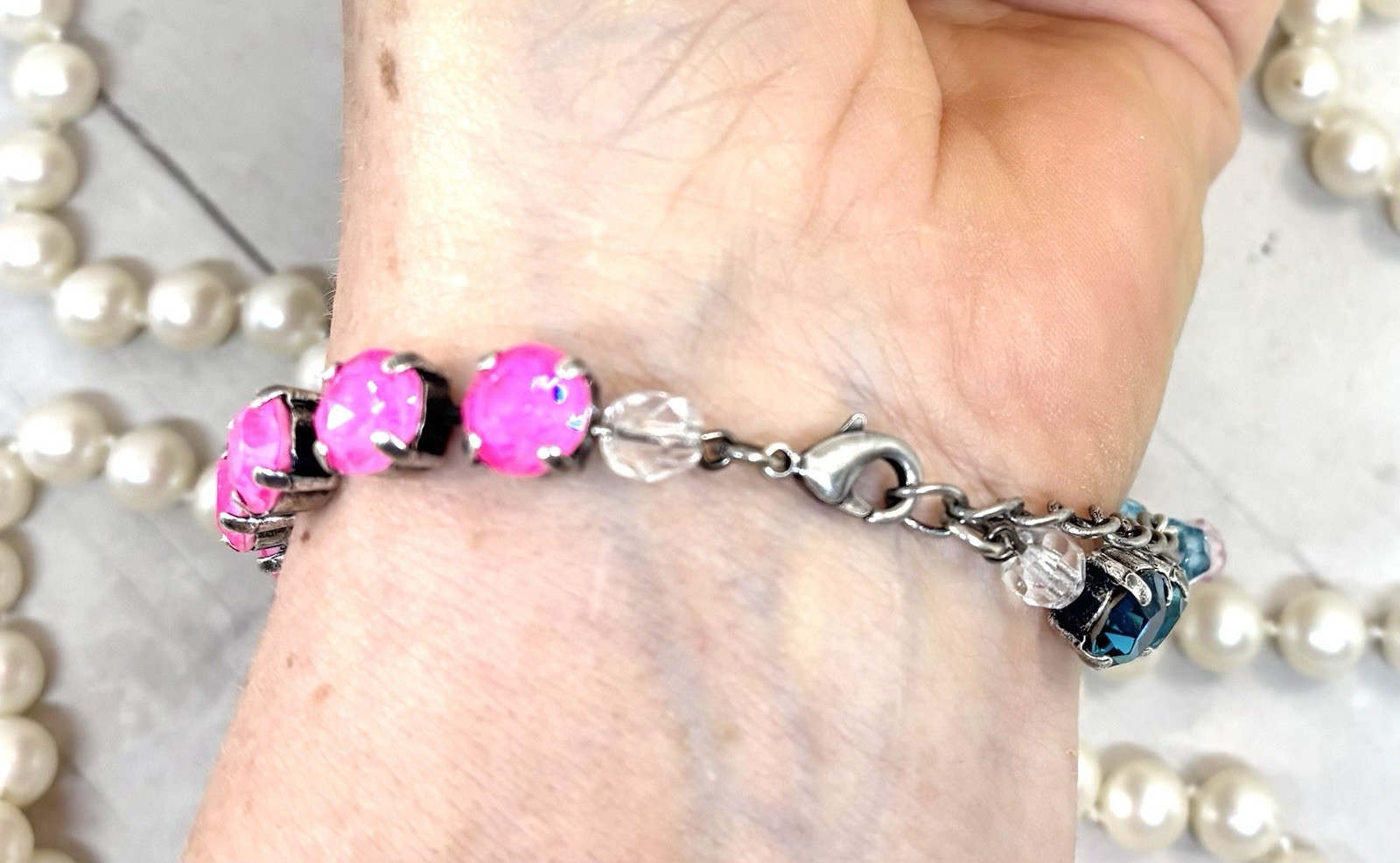 Neon Pink Delite And Teal Swarovski Crystal Cup Chain Tennis Bracelet
