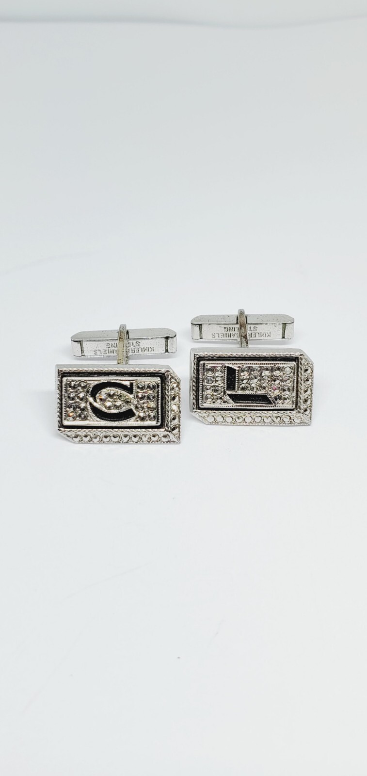 Vintage Sterling Silver KIMLER & DANIELS Marcasite Cufflinks & Tie Bar Clip (51)