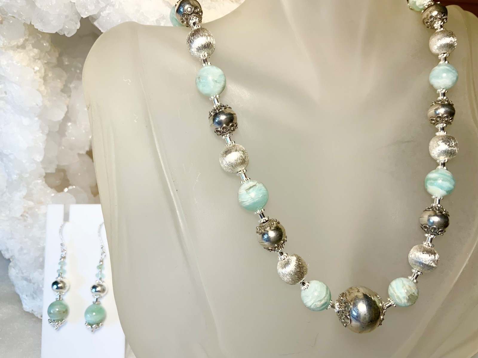 SS .925 BLUE PERUVIAN OPAL NECKLACE & EARRINGS AND SET