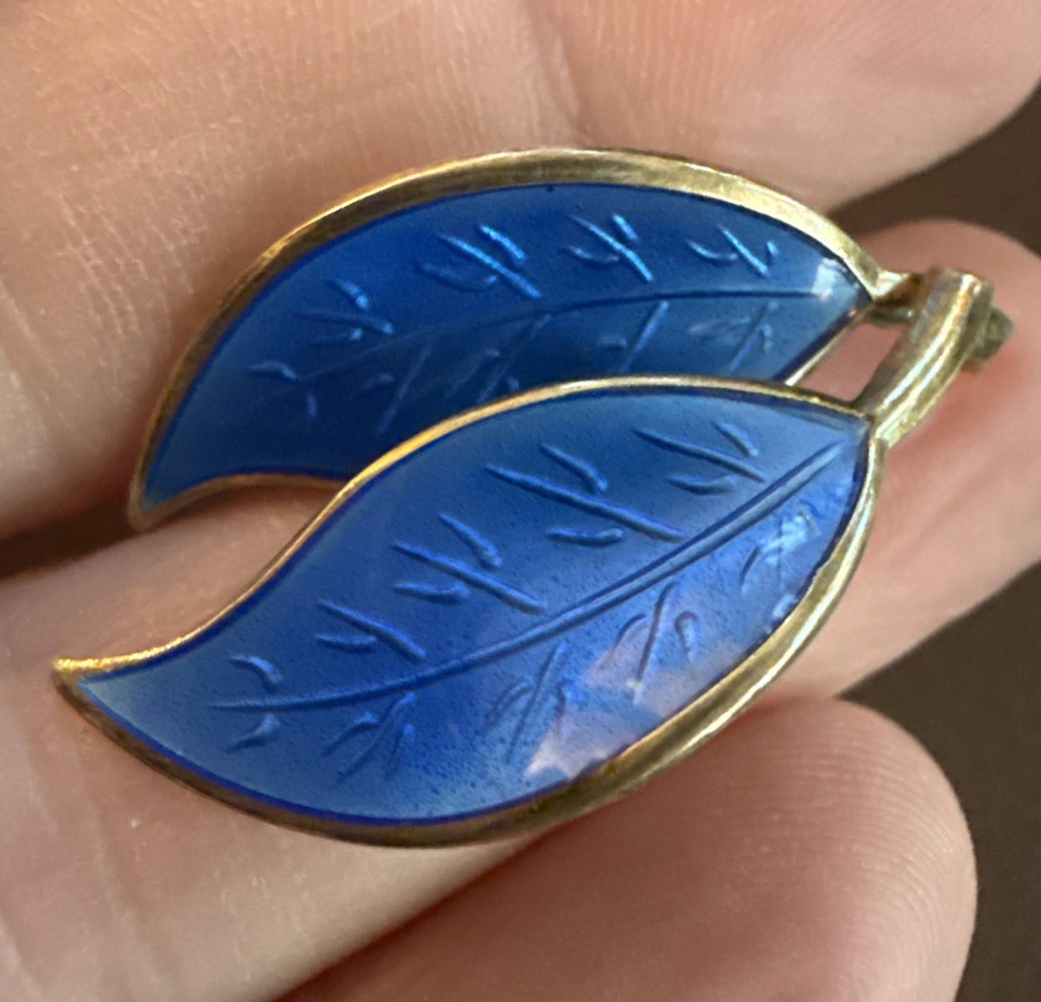 David Andersen Leaf Earrings Guilloche Blue Enamel Sterling Silver Norway 925S