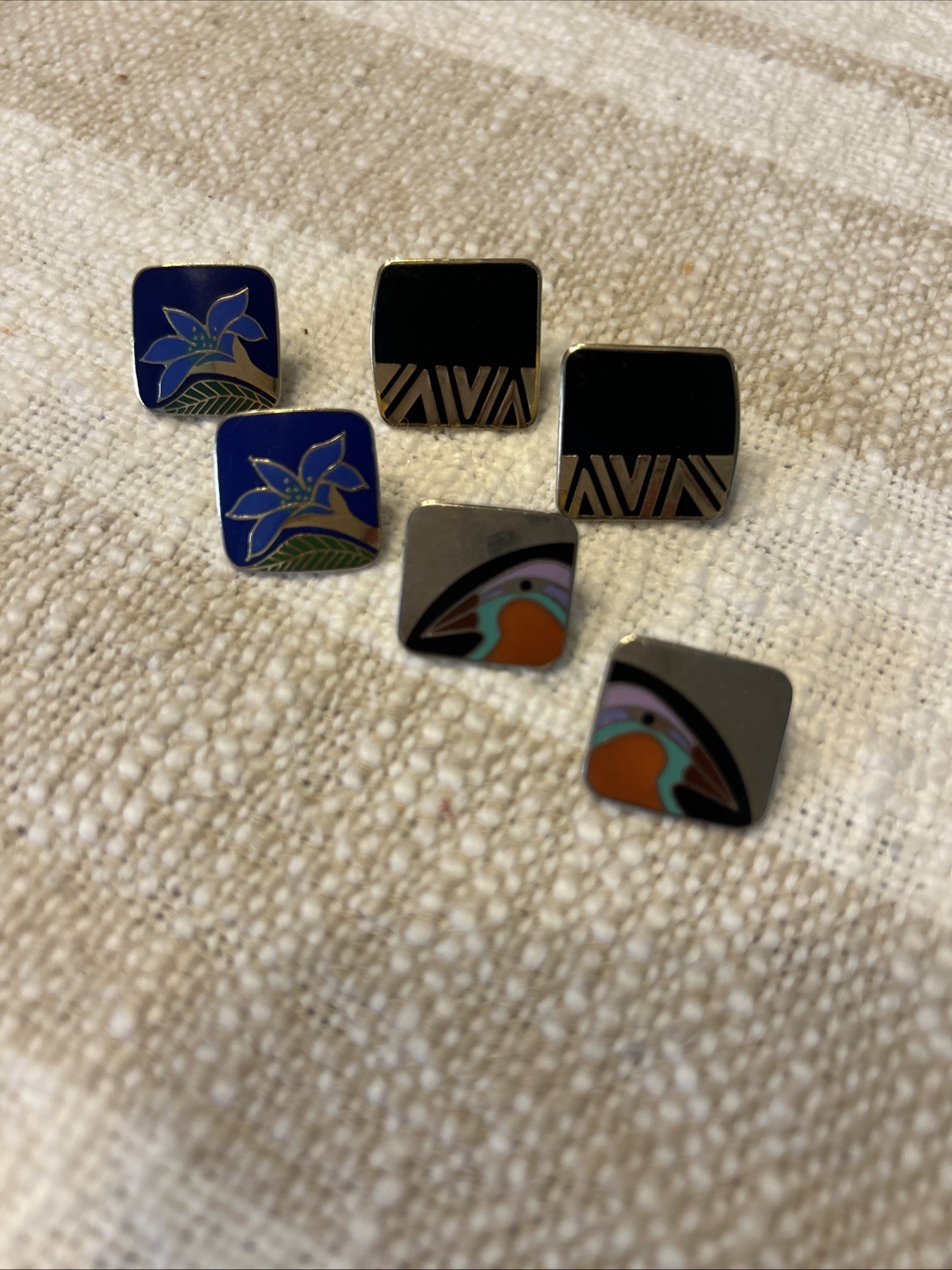 Laurel Burch 3 Pairs Wild Lily, Naito And Bird Earrings Gold Tone Enamel Pierced