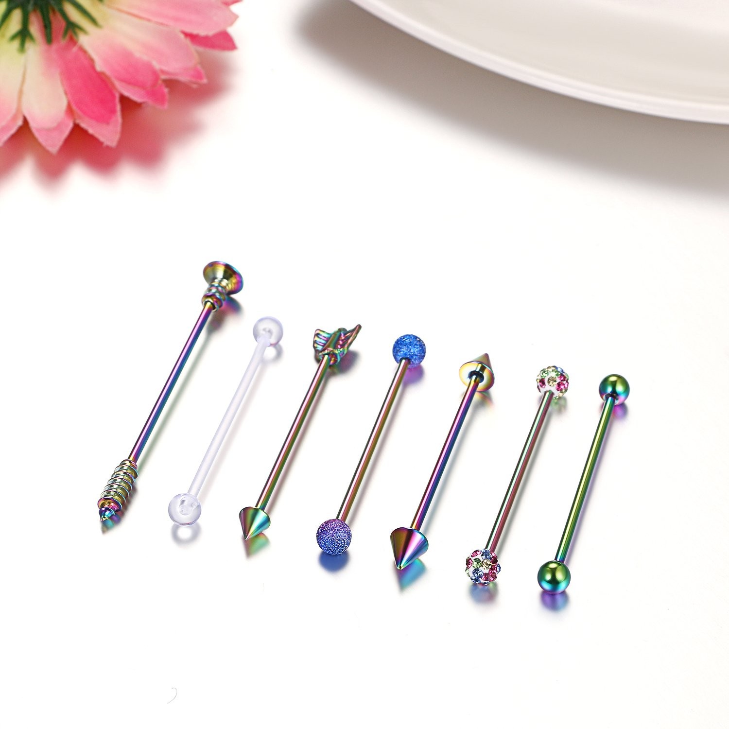 7PCS 14G 38mm Industrial Barbell Earrings Arrow Ear Cartilage Piercing Jewelry
