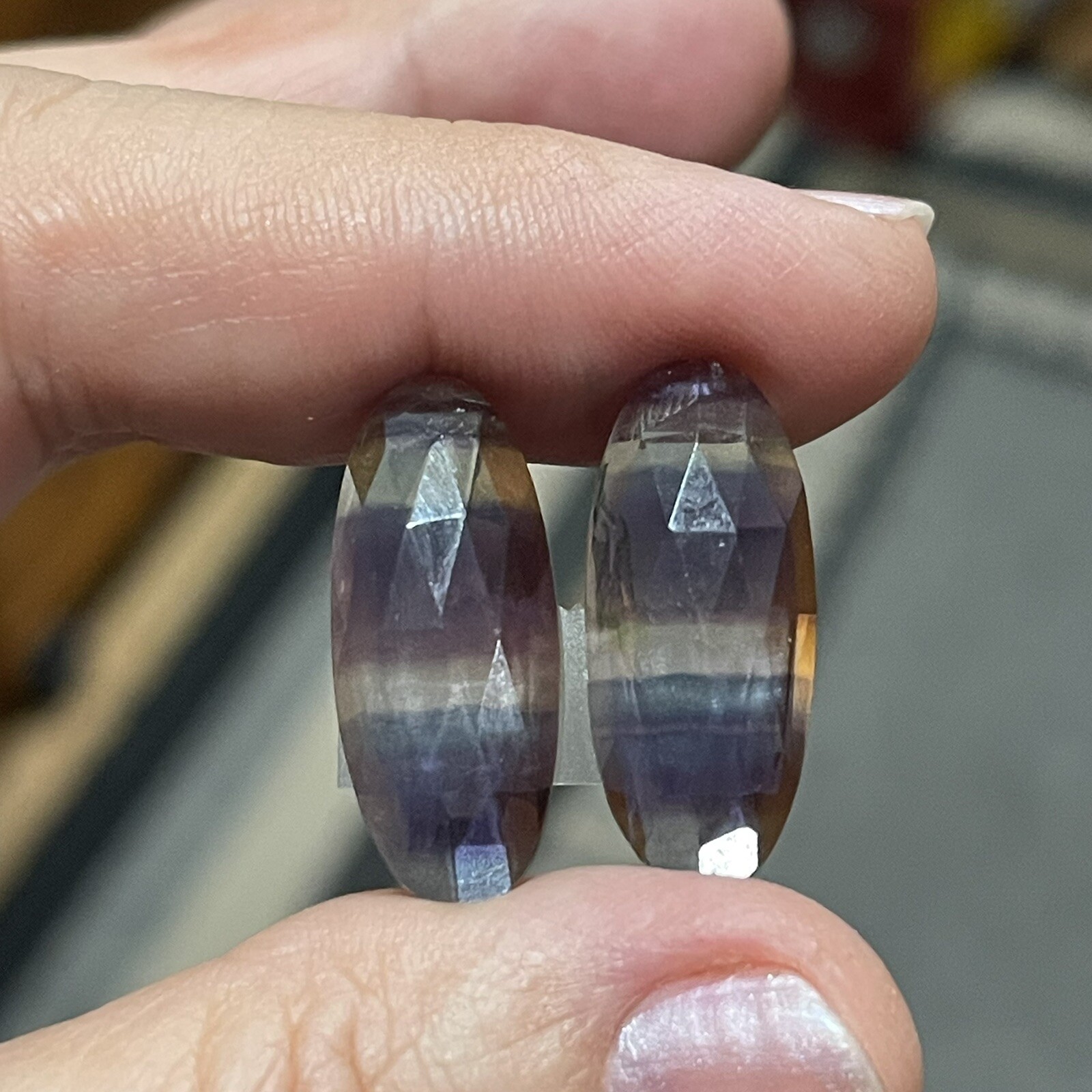 24.4ct 24.3×10.4×5.4mm Pair Teal Blue Purple Fluorite Rose Cut Oval Cabochons