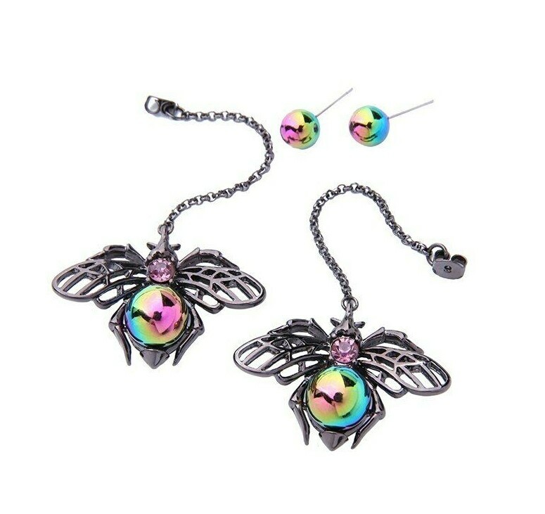US Seller Betsey Johnson Crystal Black Pearl Bee Insect Long Dangle Earrings