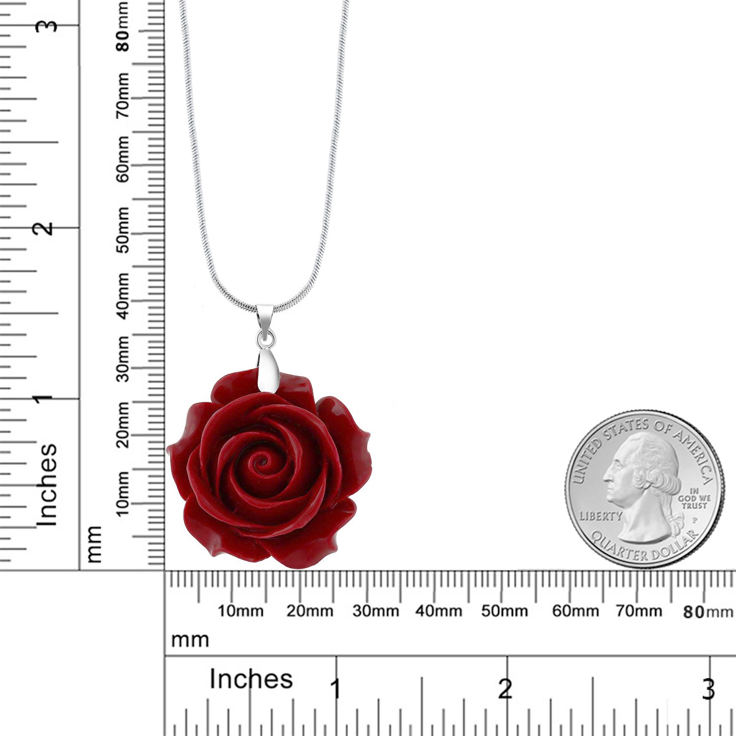 35MM Red Simulated Coral Carved Rose Flower Pendant With 16 Inch + 2 Inch