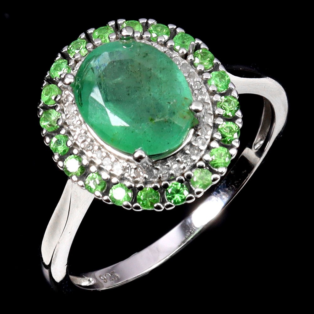 925 Sterling Silver Ring Oval Emerald 9x7mm Tsavorite Diamond 34pcs Gems Size 8