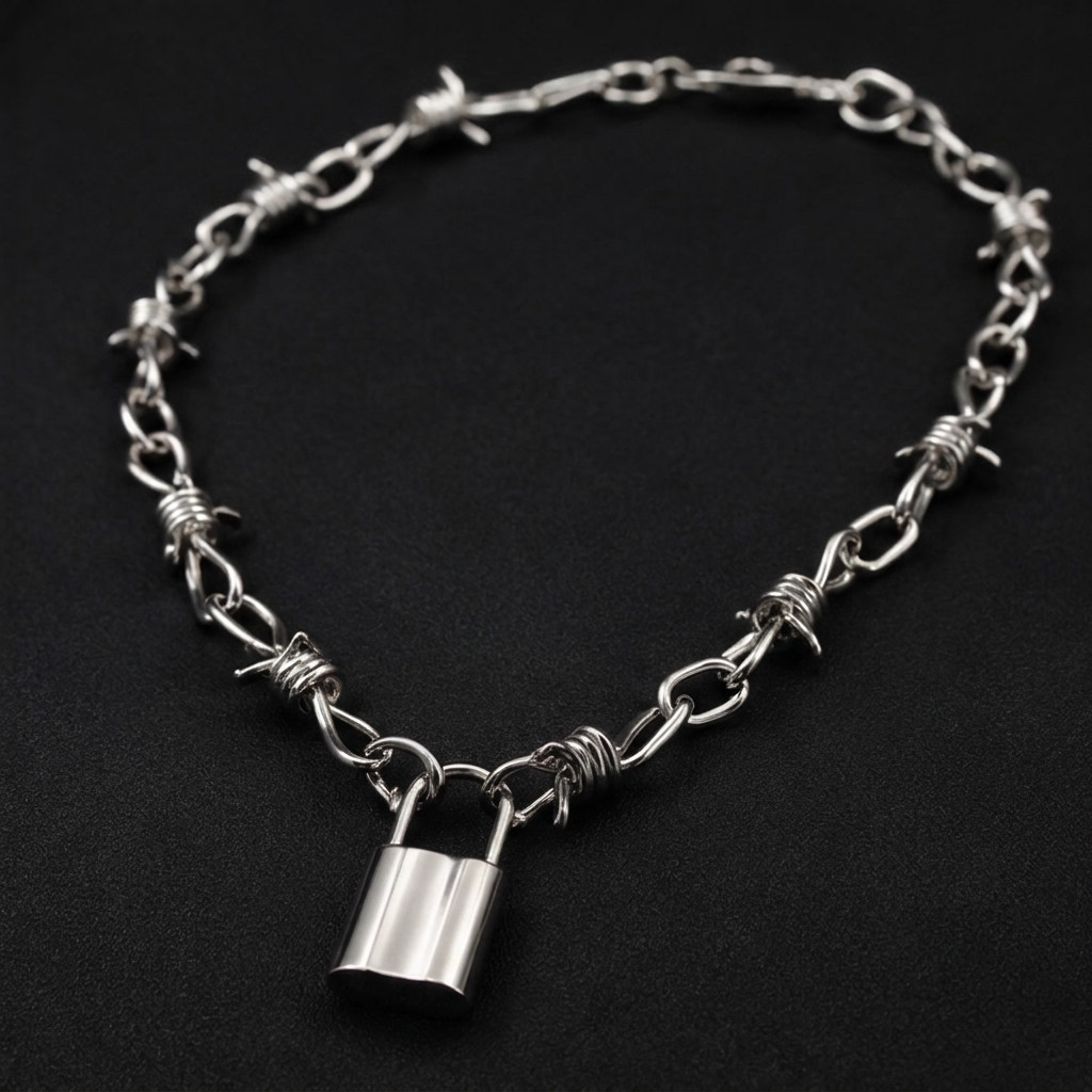 Barbed Lock Pendant Wire Chain Choker Necklace Unisex Punk Gothic Y2K Silver