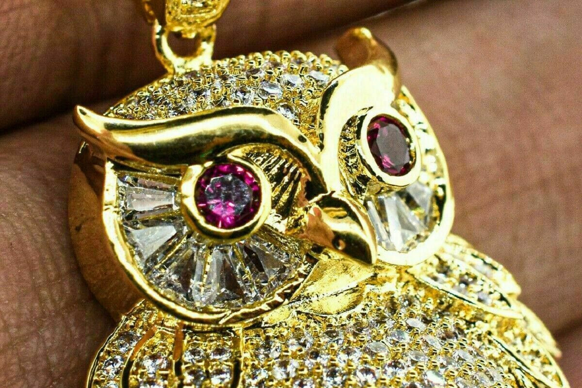 Animal Owl Pendant 4Ct Round Ruby & Diamond Owl Pendant 14K Yellow Gold Over