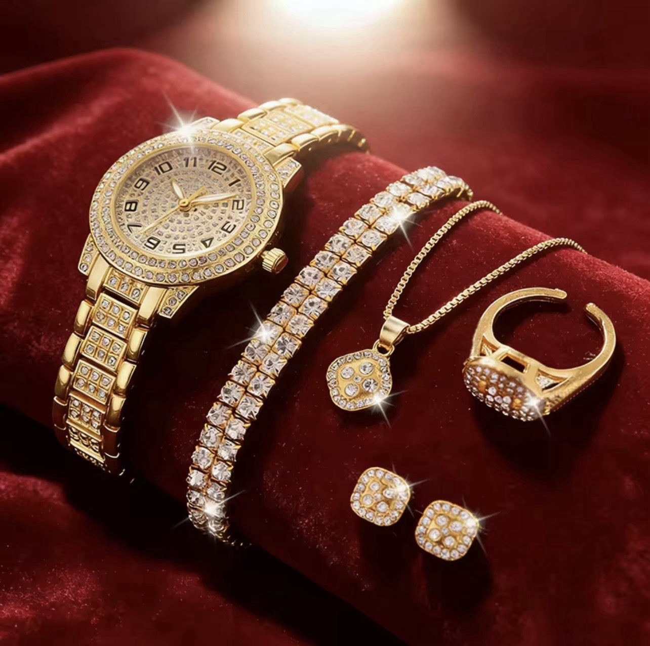 Gold Tone White Rhinestone Jewelry Set Watch Bracelet Necklace Ring Earrings