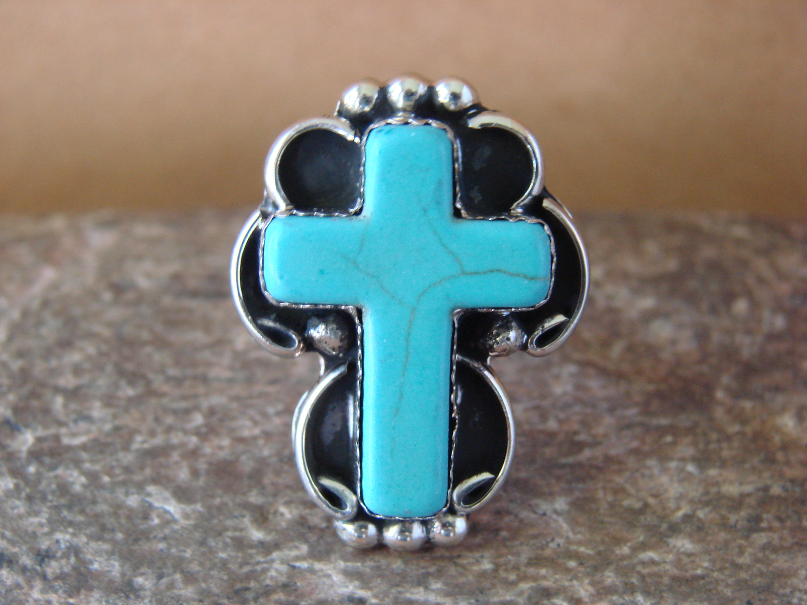 Native American Nickle Silver Turquoise Cross Ring Size 7 1/2 by Phoebe Tolta