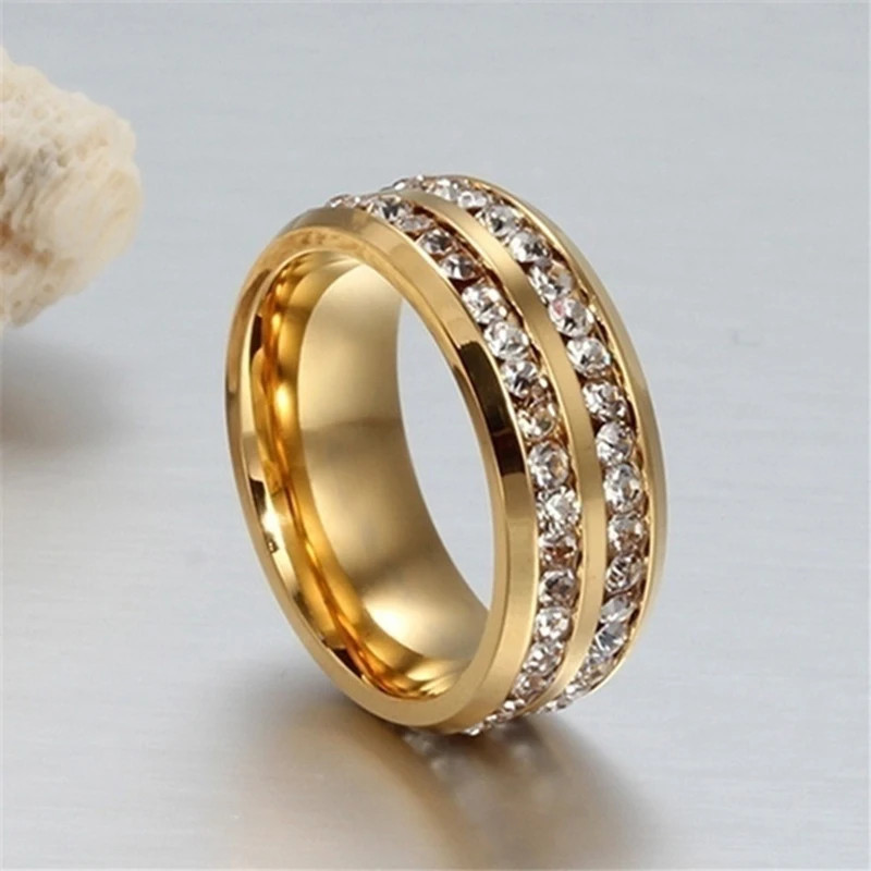 Stainless Steel Ring Marquise Cut Crystal Two Row Wedding Band Women Jewelry