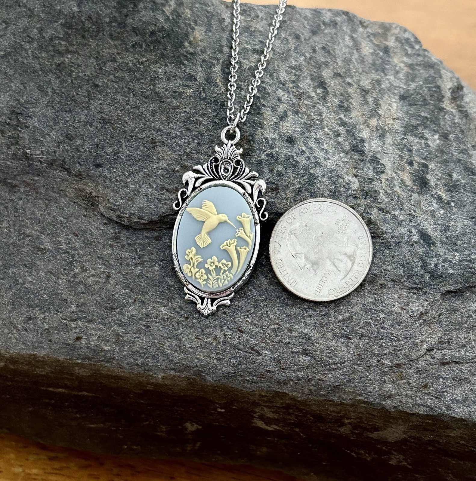 Hummingbird Necklace Pendant, Wedgwood Blue colored Cameo, Art Nouveau Style
