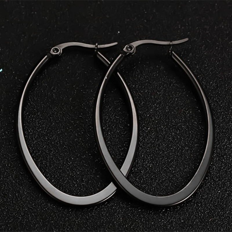 Womens Unique Black/Silver/Rose Gold/Gold Stainless Steel Big Oval Hoop Earrings