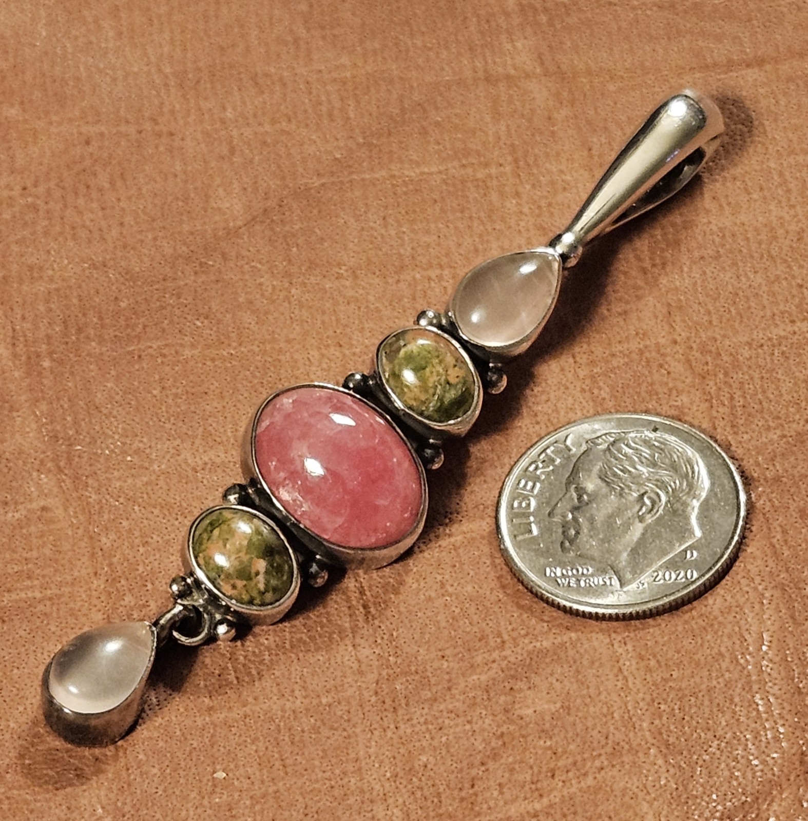 VNTG 2-5/8″ Sajen 925 Pink Quartz Unakite Rhodonite Multistone Gemstone Pendant