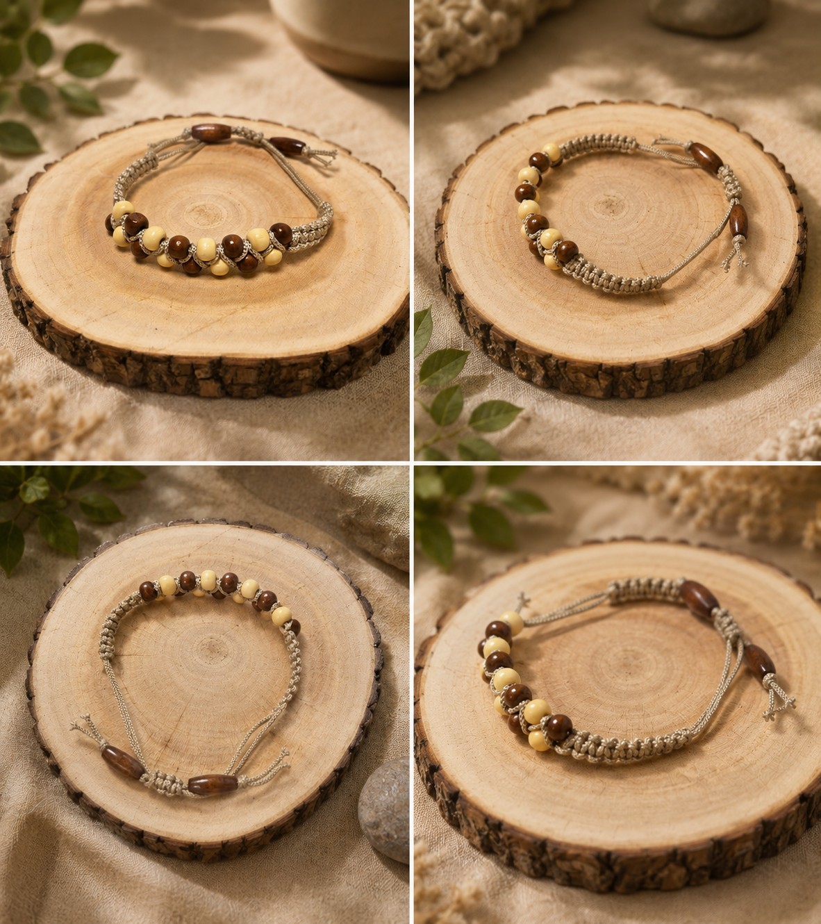 Handmade Boho Macrame Bracelet anklet Adjustable Natural Wood Beaded Unisex 🇨🇦
