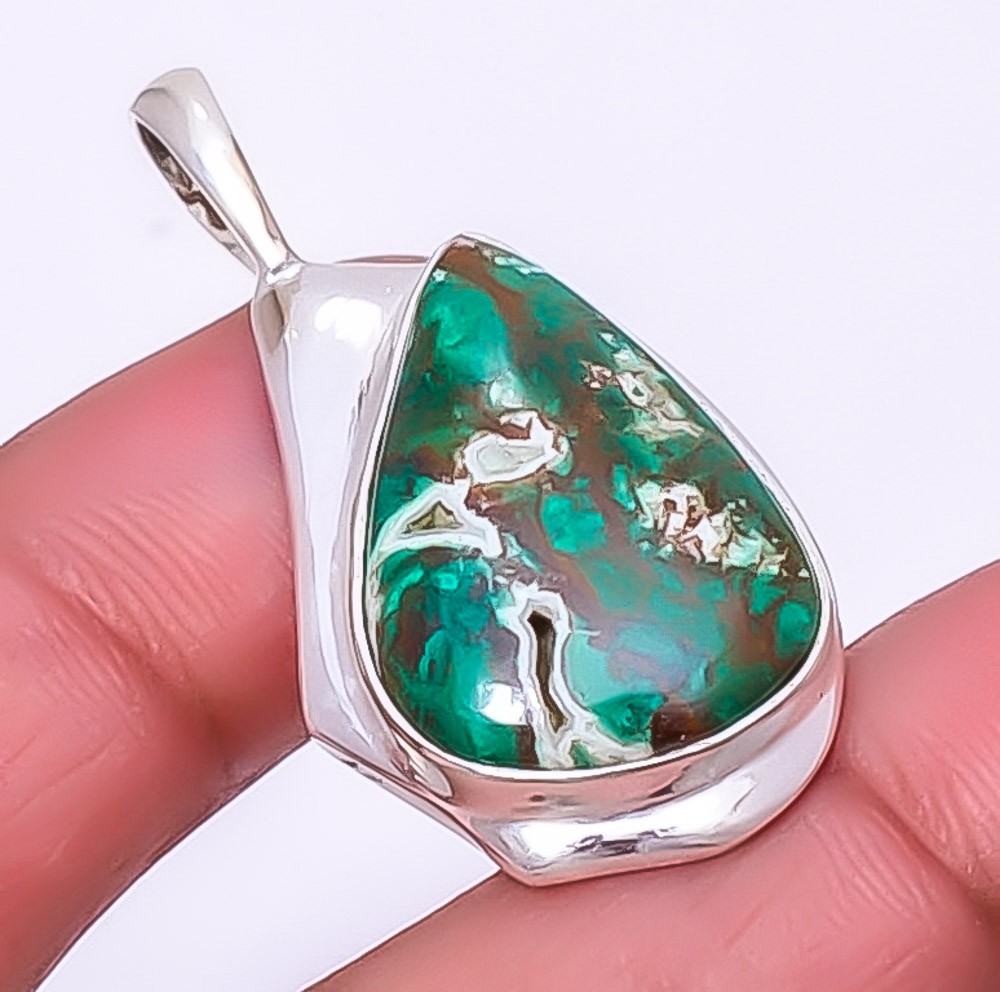 Cuprite Chrysocolla – Africa Gemstone Silver Handmade Pendant 1.56″ A348