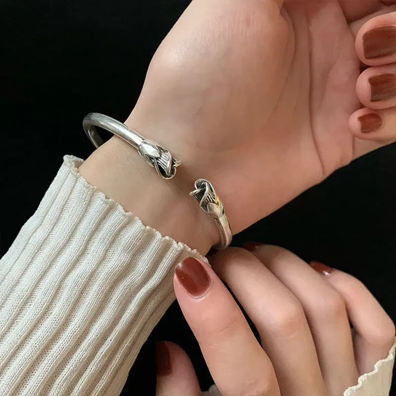 Vintage Flower Retro Rose Cuff Bangle 925 Sterling Silver Women Jewelry Bracelet