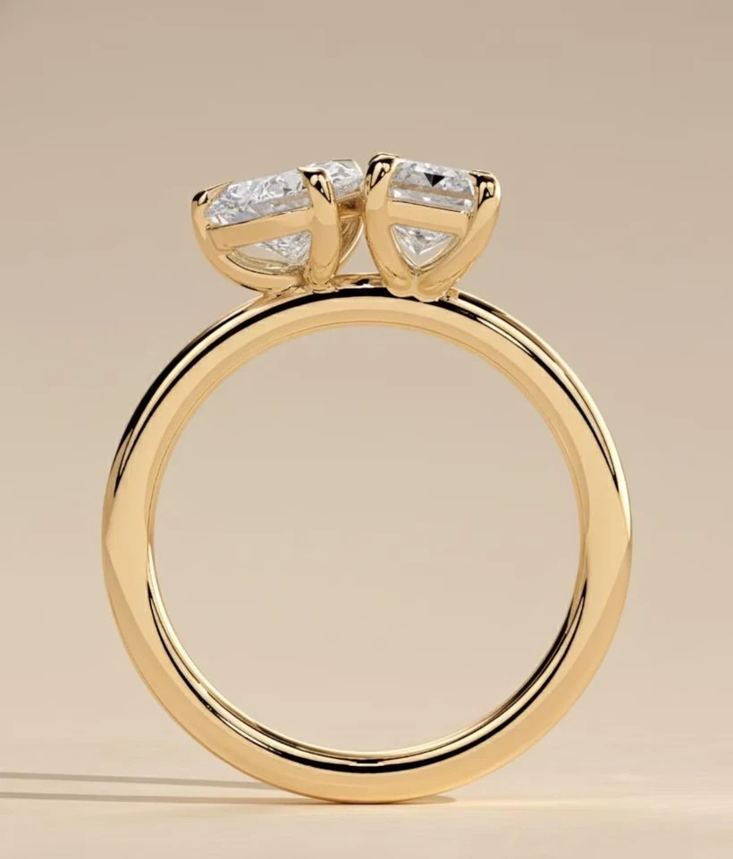 14k Yellow Gold Pear & Emerald Cut Diamond Ring 4 Ct Lab Grown IGI VVS E F