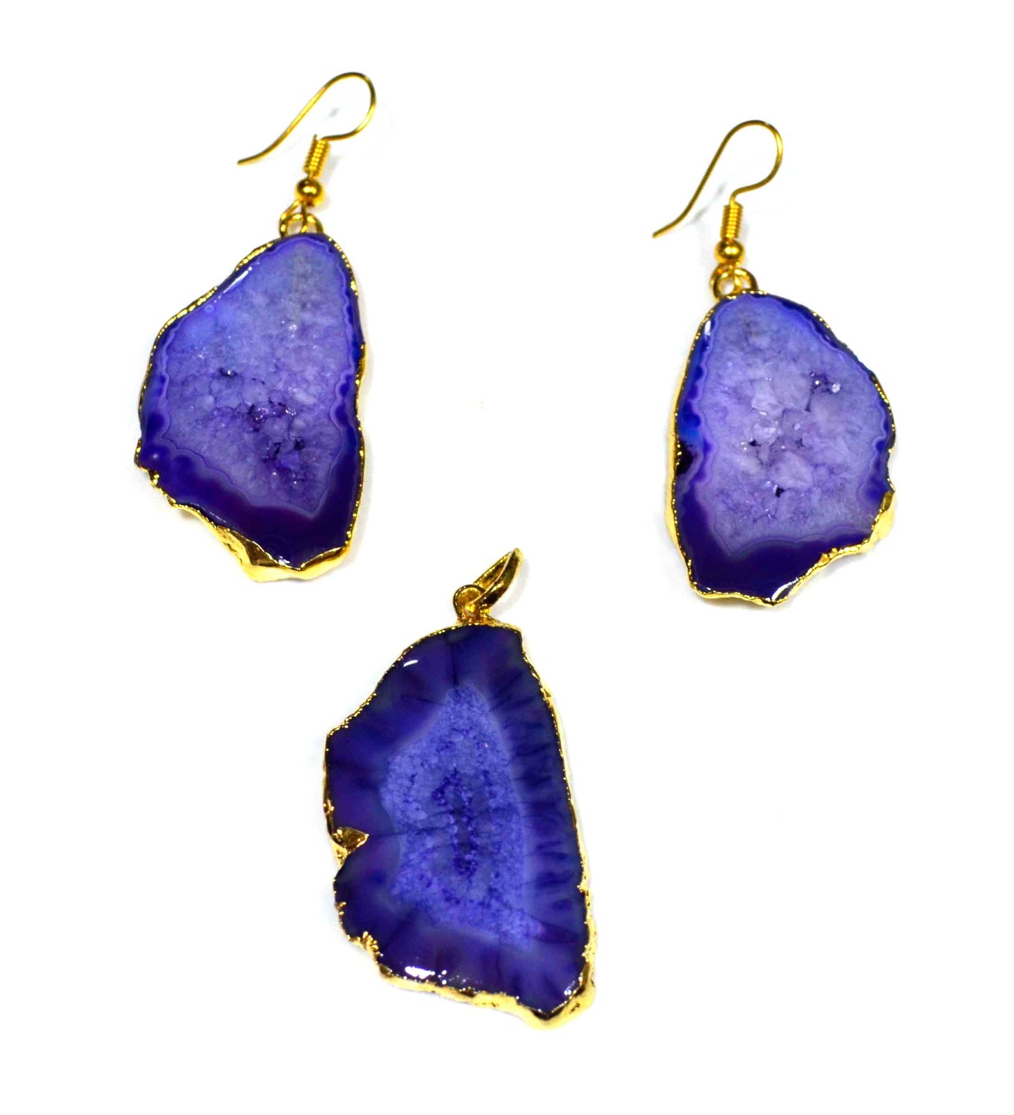 128 Ct. Gold Electro Plated Purple Agate Gemstone Pendant Earrings Set-A584