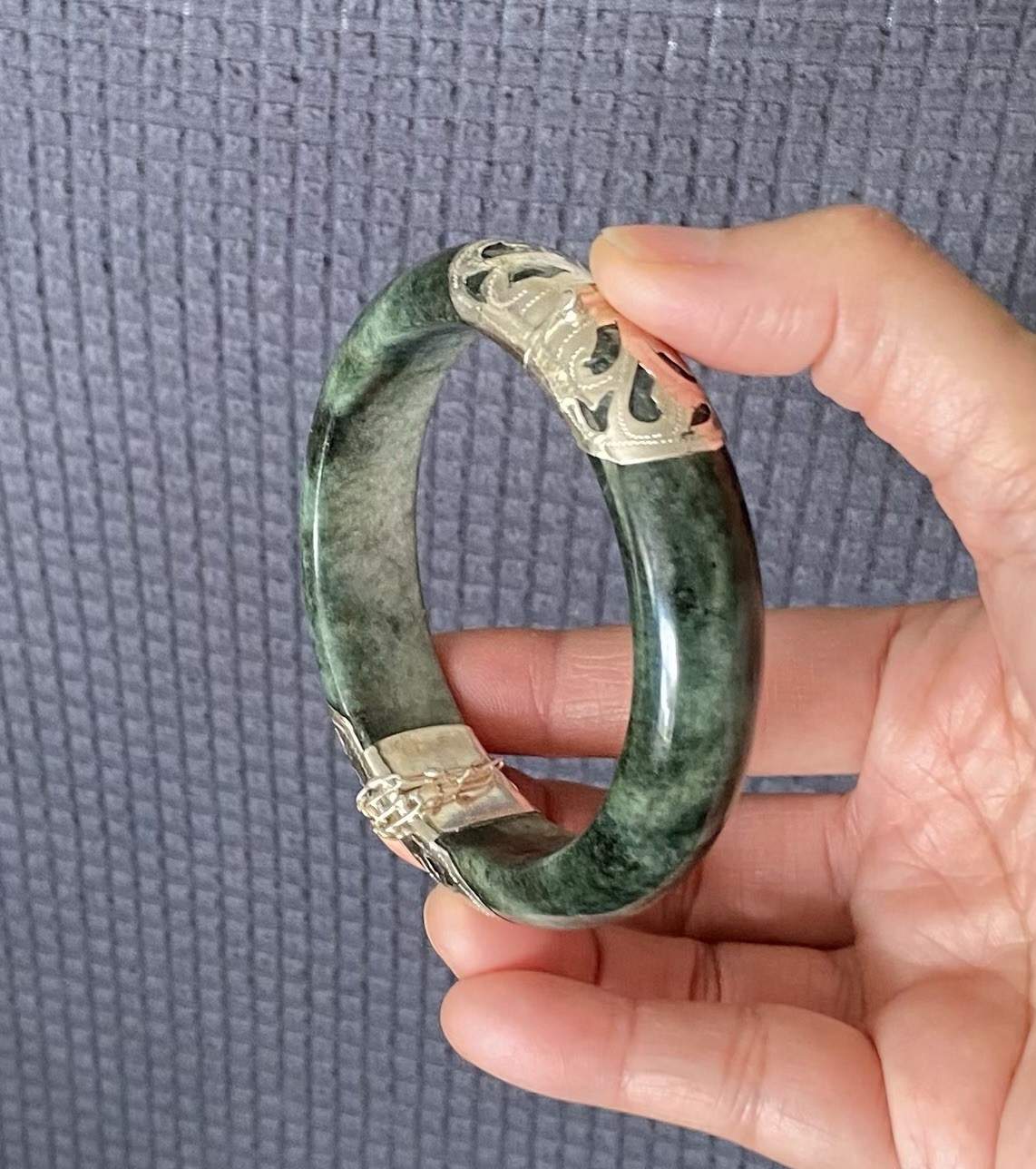 7.1 ” 925 Silver Handmade Genuine Burmese Jade Women Bangle Bracelet US SELLER