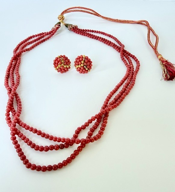 Vintage Multi-Strand Coral Color Bead Necklace & Earrings Set W/ Gold Tone