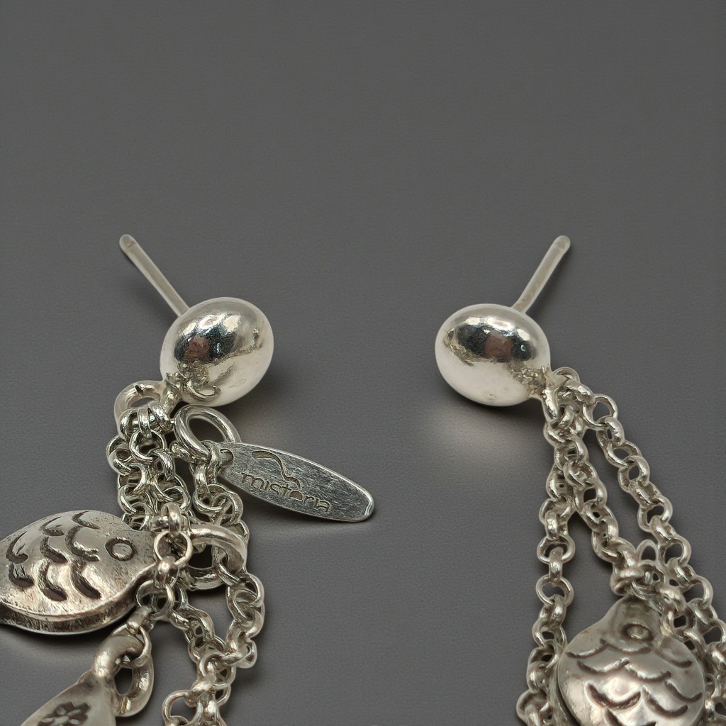 ​Vtg Misteria Sterling Silver Earrings 3.25 Long Shoulder Duster Fish Charms 19g