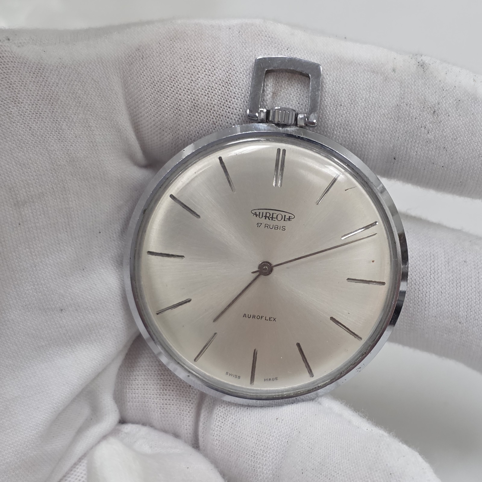 Vintage Aureole Pocket Watch Slim Silver Tone Auroflex Mechanical Wind Up Swiss