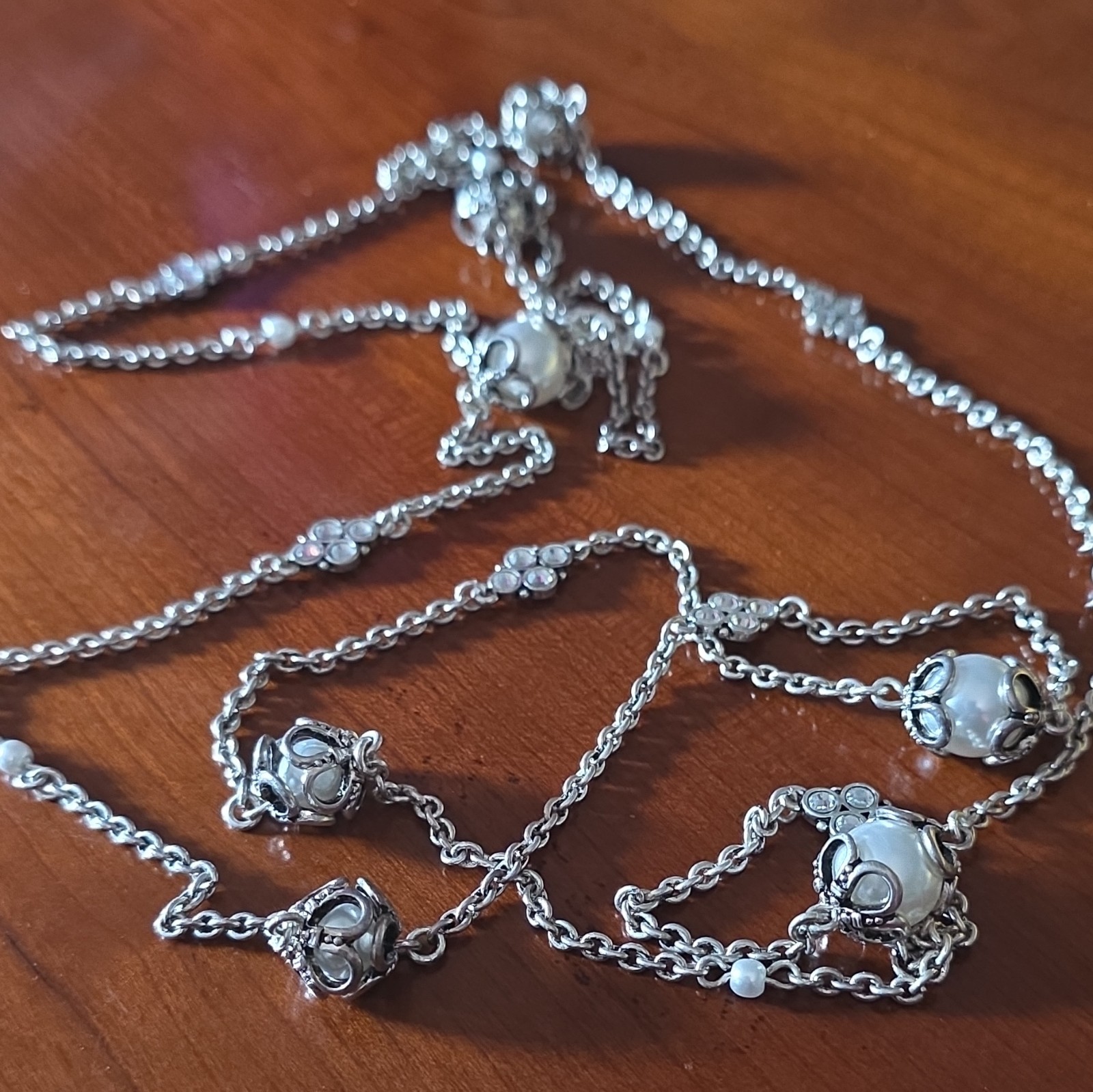 Silver Tone Necklace With Encased Faux Pearls & Rhinestones High Quality