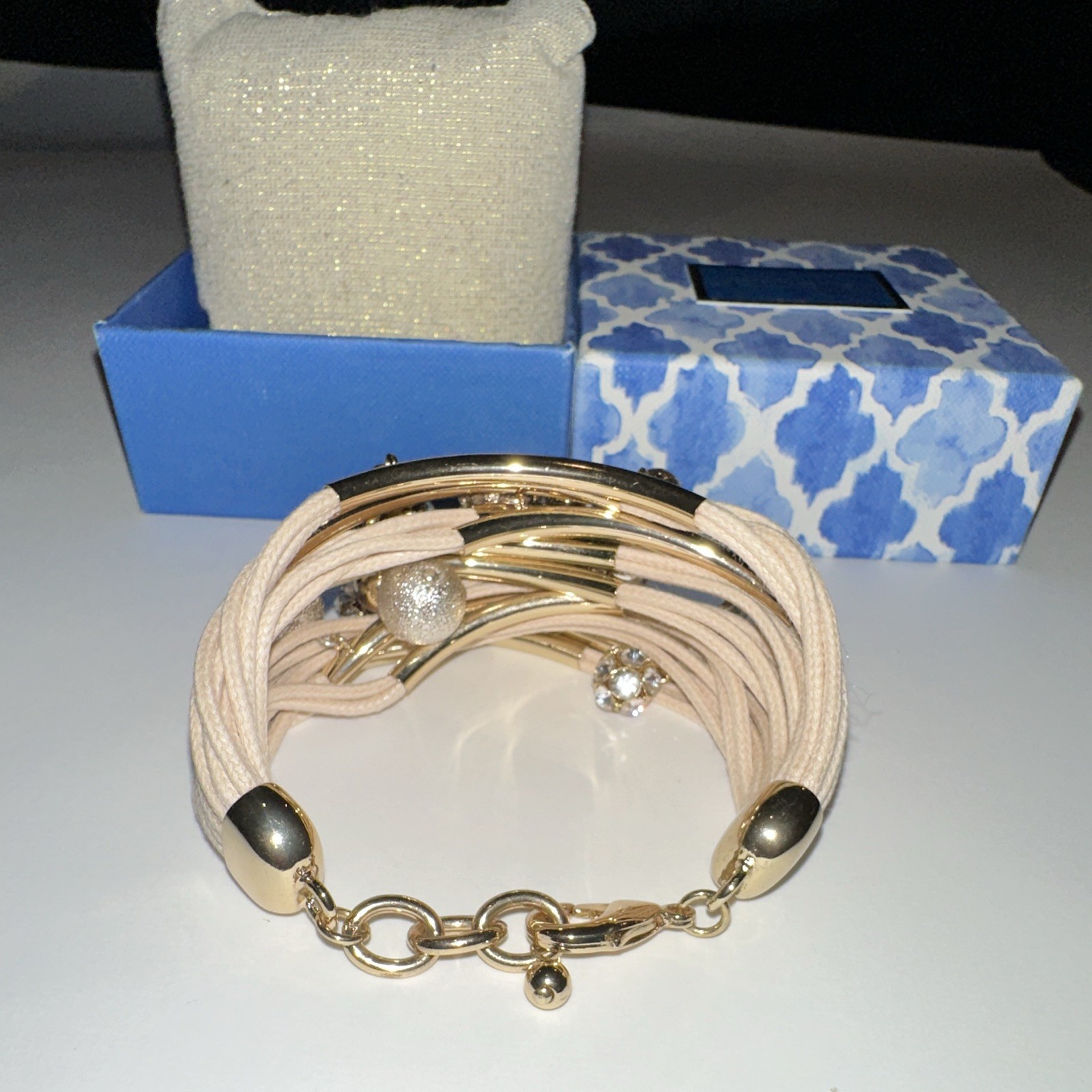 Bella Jack Layered Multi Strand Cuff Bracelet Gold Tone Coin Charms Beads Box