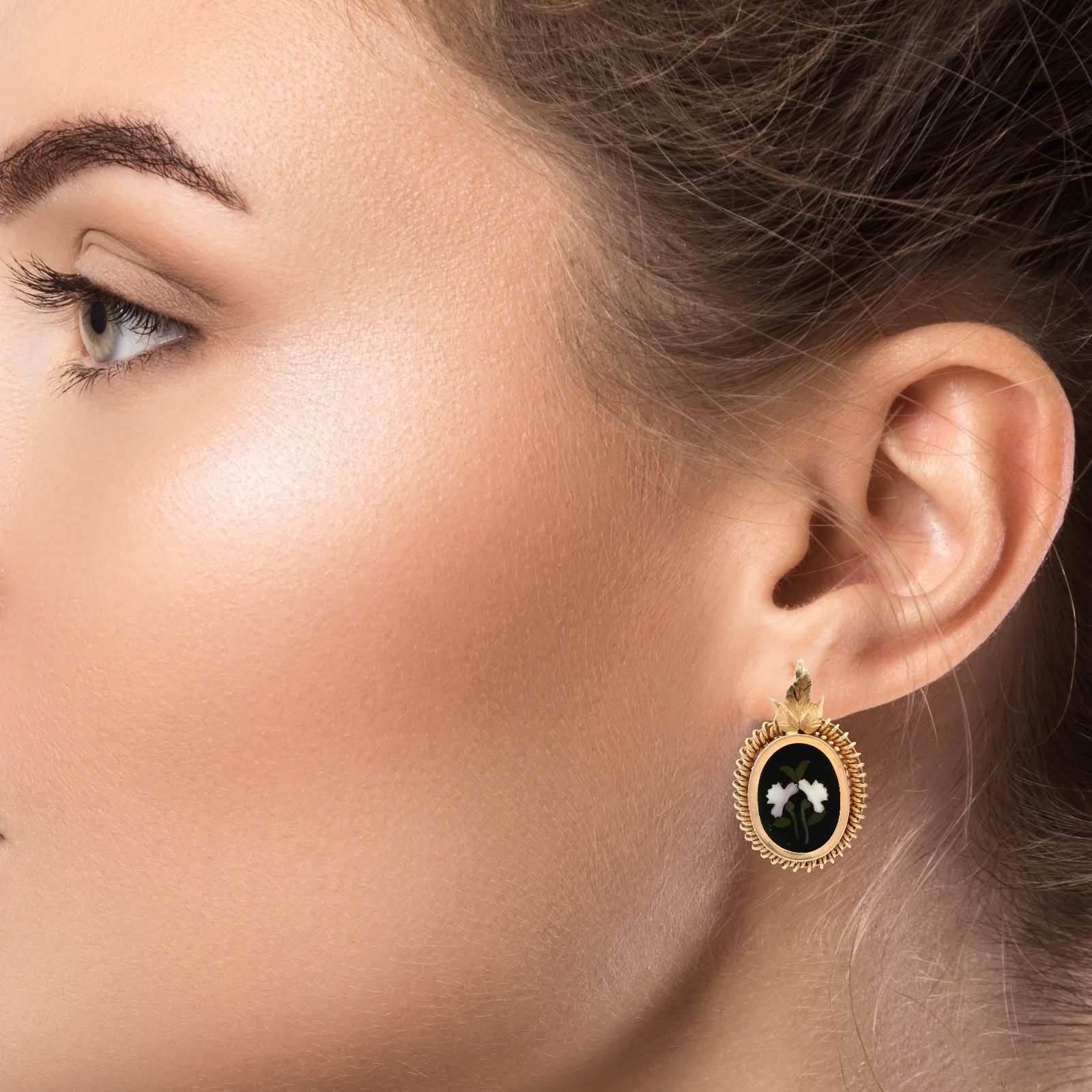 Vintage Yellow Gold Pietra Dura Hard Stone Floral Drop Dangle Earrings