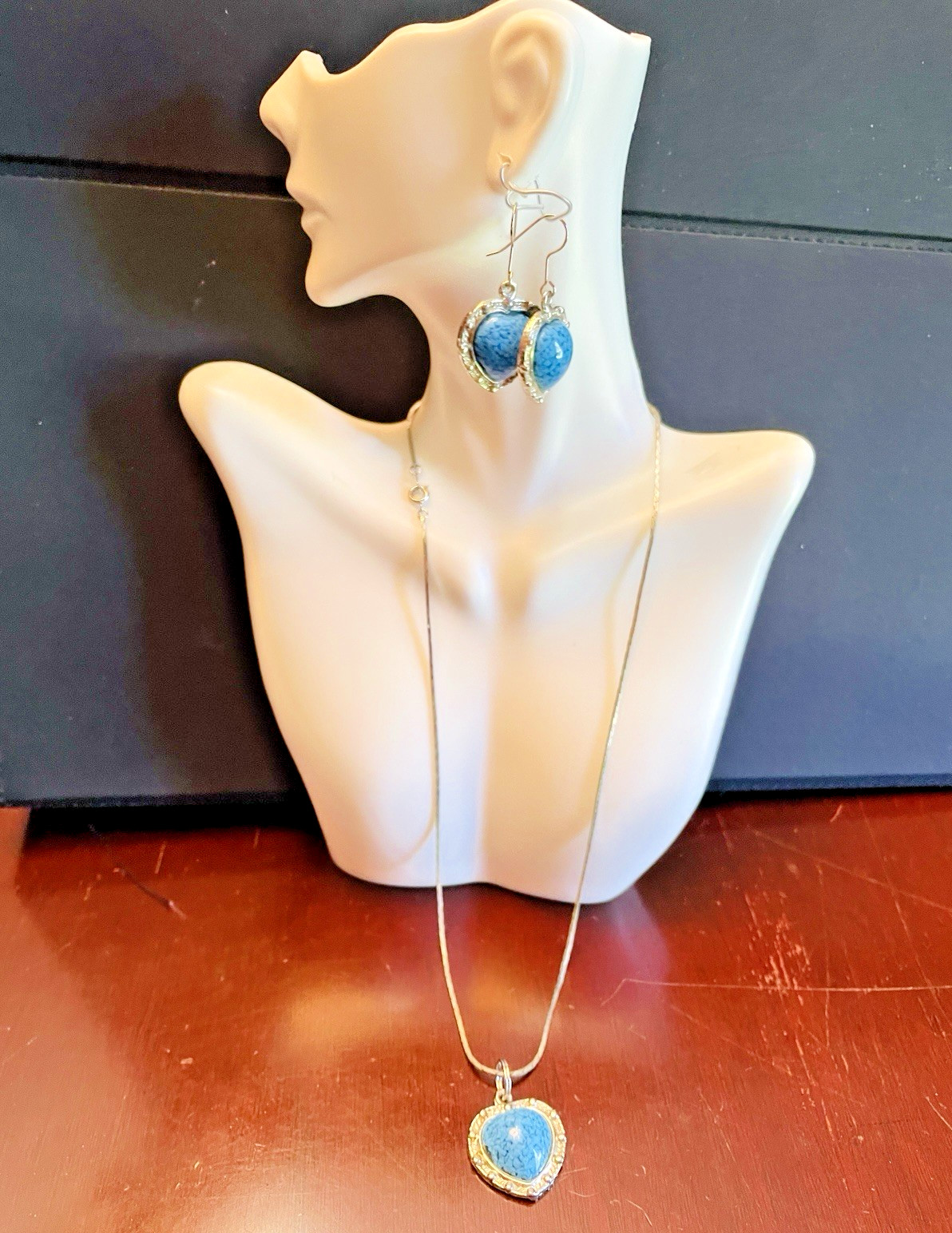 Faux Turquoise Necklace Cabochon + Pierced Earrings in Heart Motif Jewelry Set