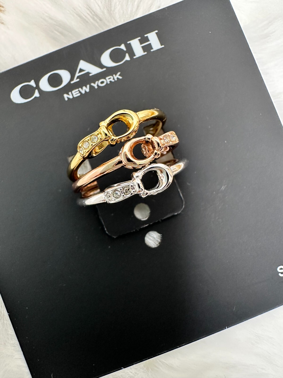 Coach Interlocking C Pavé Ring Set Size 7 Tri Tone Gold Silver Rose Gold