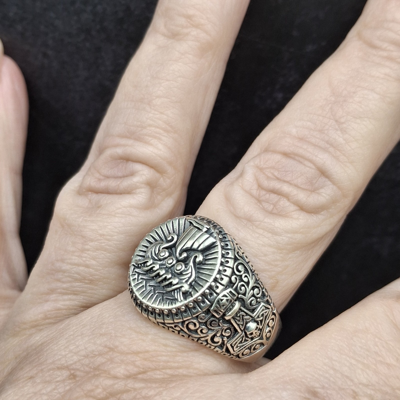 Men’s 925 Sterling Silver Viking Ship Ring Norse Longship Oxidized Sz 12.5