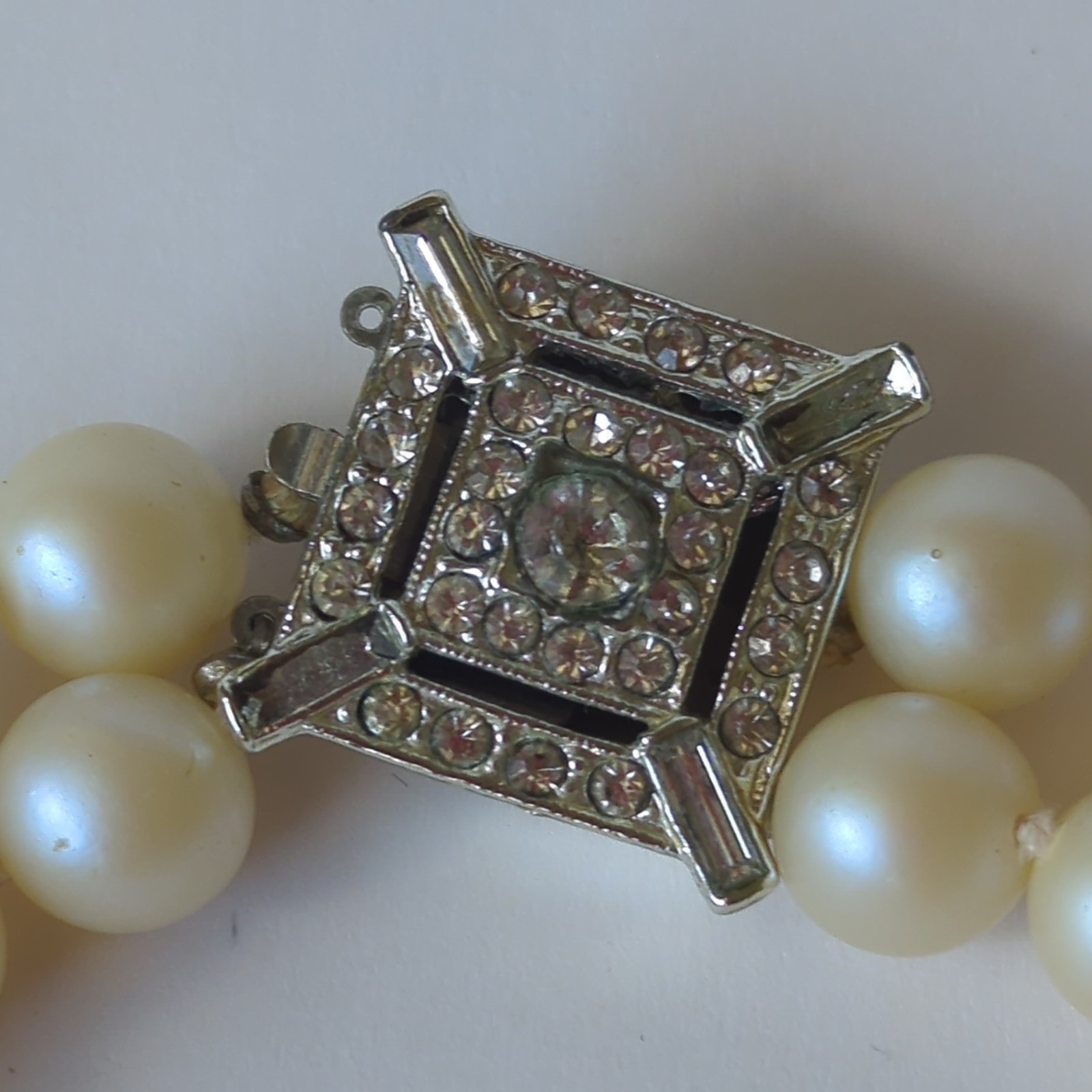 Vintage Double Strand White Pearl Beaded Strand Choker w/ Rhinestone Box Clasp