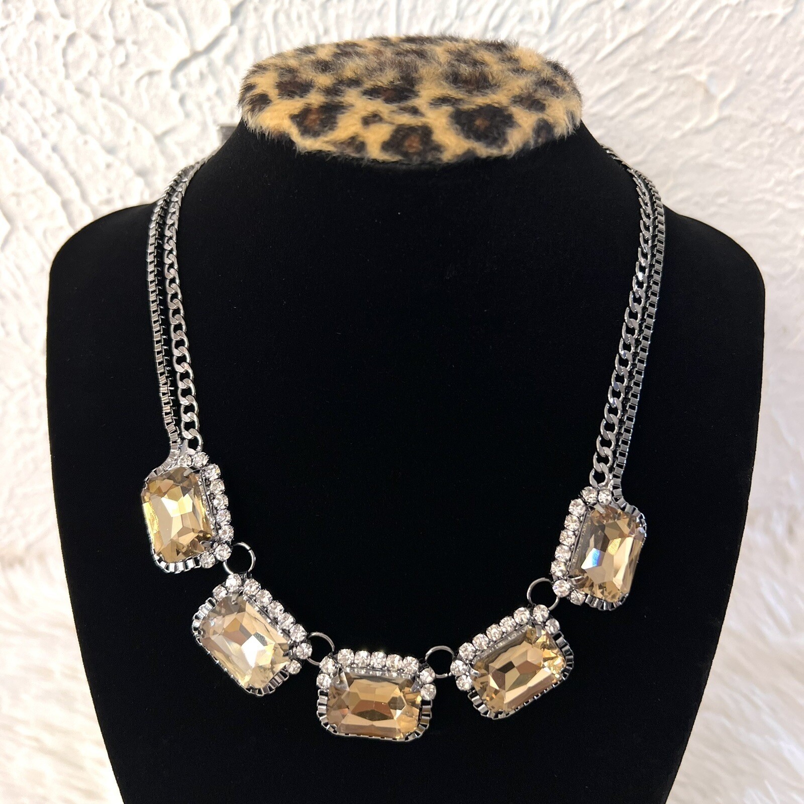 FAUX CITRINE RHINESTONE GLASS SILVER TONE CHOKER DOUBLE CHAIN NECKLACE 16.5″+ 3″